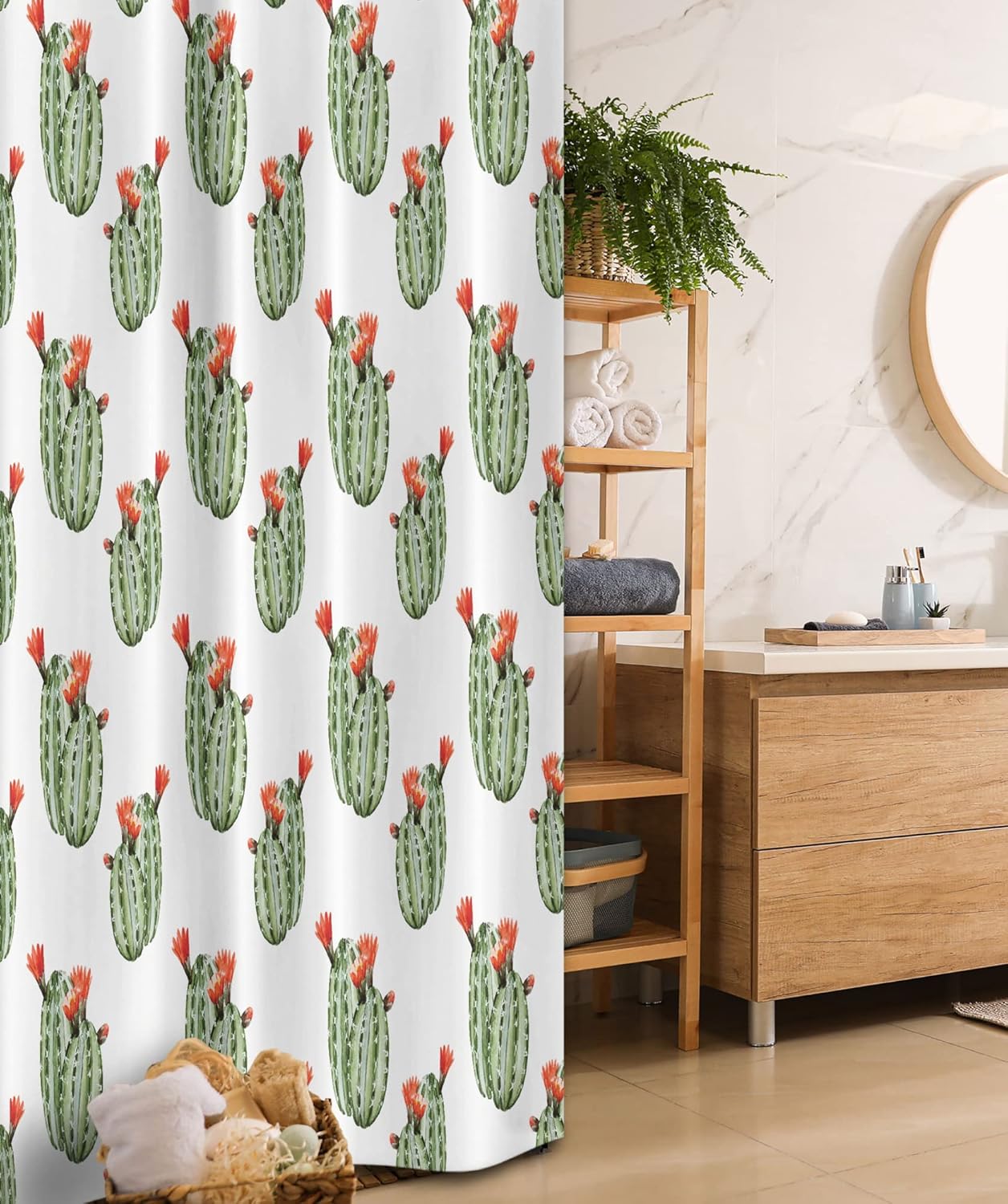 Ambesonne Cactus Stall Shower Curtain, Cacti Spikes and Red Flowers Mexican Hot Desert Vintage Image Art, Fabric Bathroom Decor Set with Hooks, 36" W x 72" L, Green and Orange