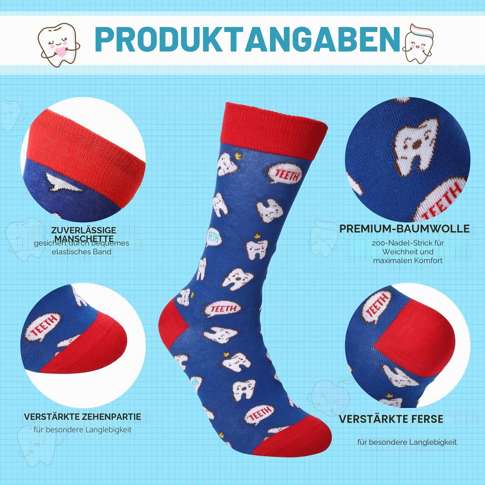 Wesiti 12 Paar Zahnsocken Neuheit Zahnarzt Hygieniker Geschenk Niedliche Krankenschwester Zahnassistent Liebe Zähne Socken Geschenke für Damen Herren, helle Farbe, Medium-Large