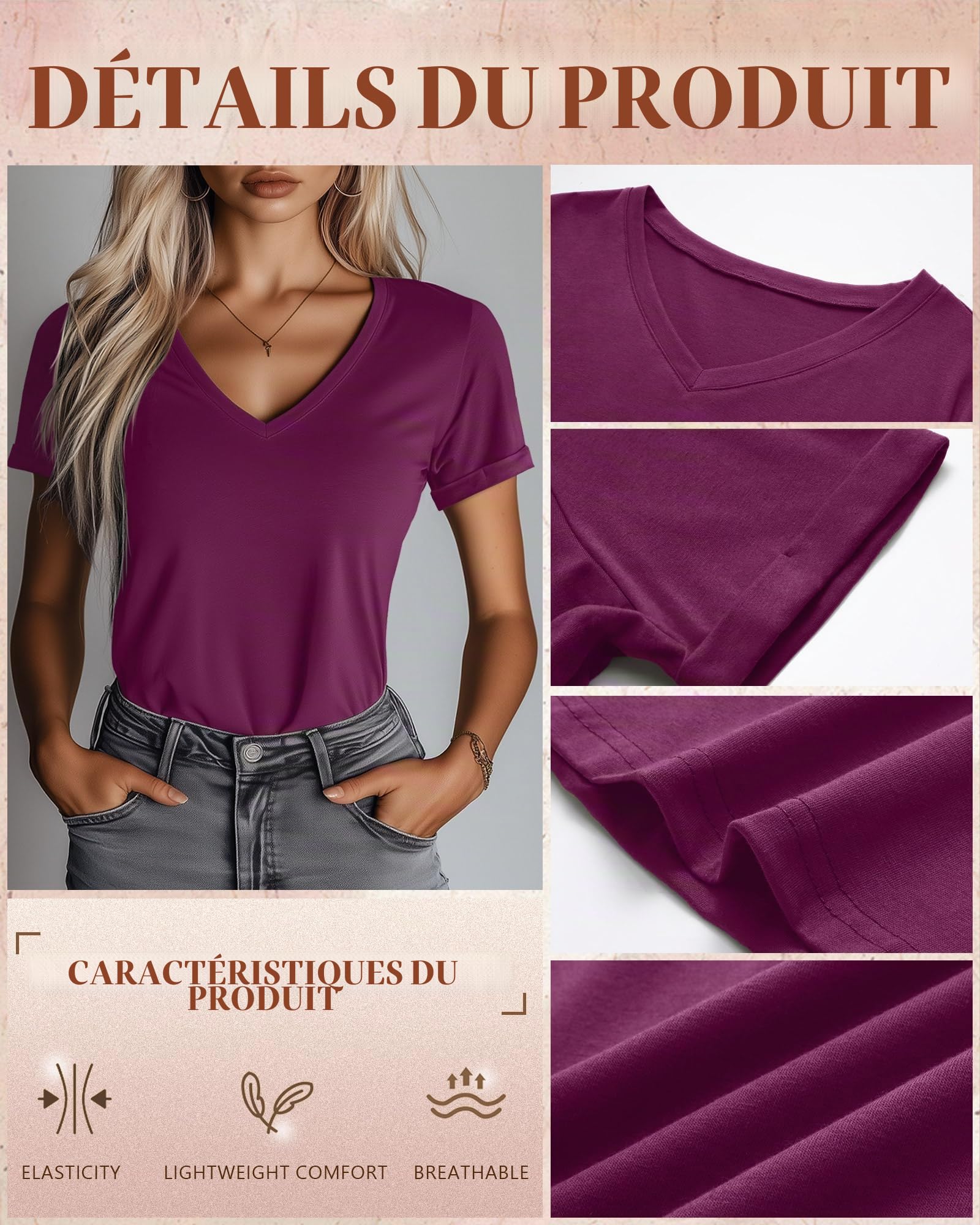 Ficerd Lot 3 T-Shirts Femme col V Manches Courtes | T-shirts doux en coton 65%, hauts a manches retroussees, coupe ample, T-shirts confortables pour tenues d'ete