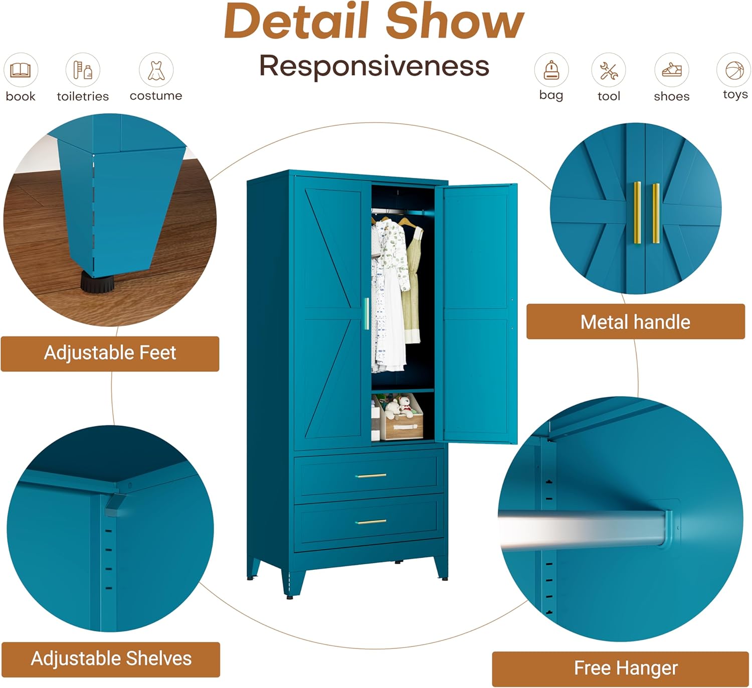 Metal Armoire Wardrobe Closet with 2 Drawers, 71" Wardrobe Cabinet with Adjustable Shelf & Hanging Rod for Bedroom, Blue Metal Closet Storage Cabinet with 2 Doors & Drawers