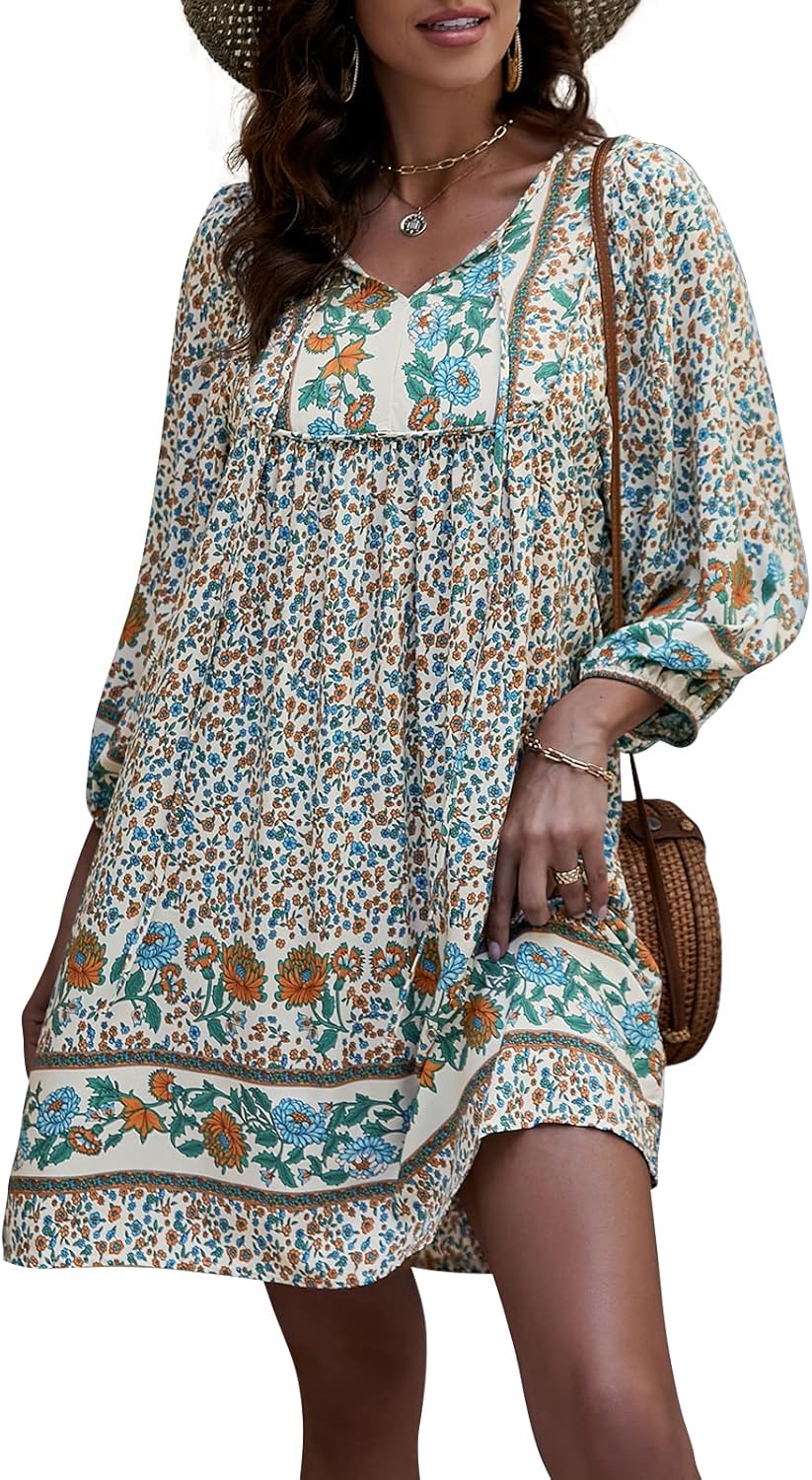 Qearal Womens Casual V Neck 3/4 Sleeve Boho Floral Printed Loose Short Mini Summer Beach Dress
