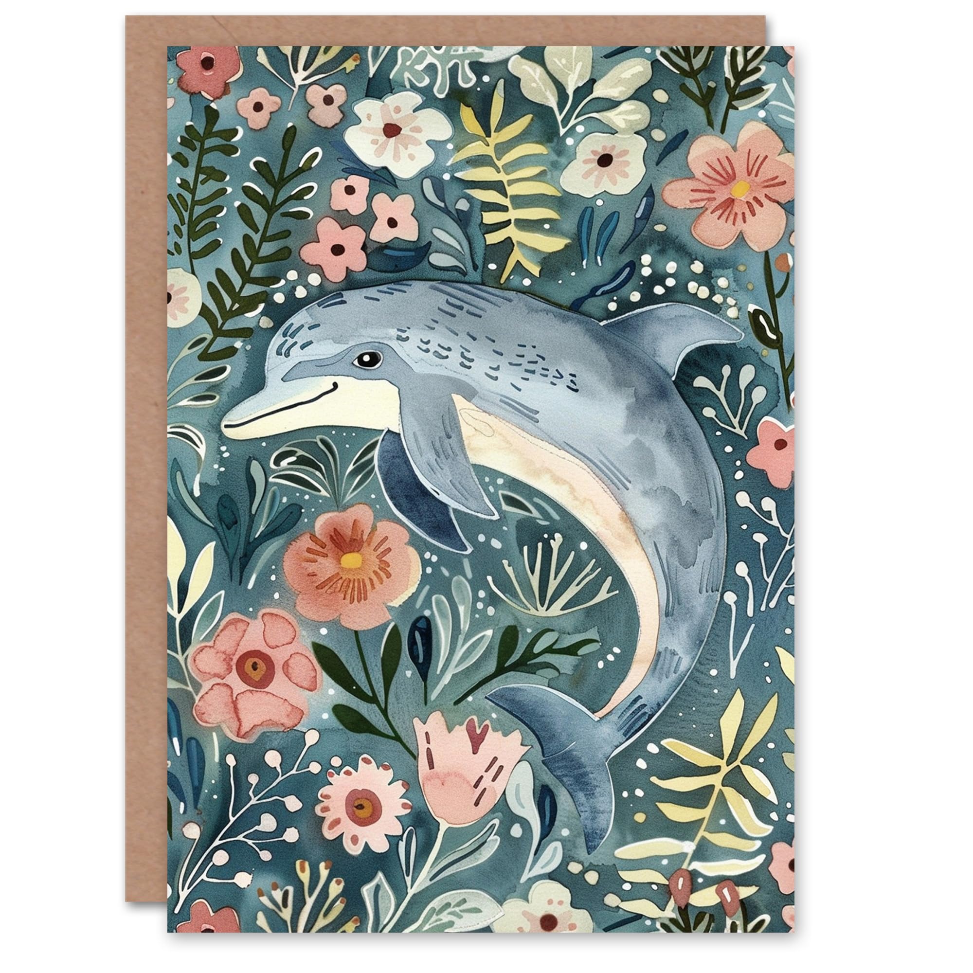 Artery8 Dolphin in a Sea of Flowers Watercolour Folk Art For Her Woman Birthday Card