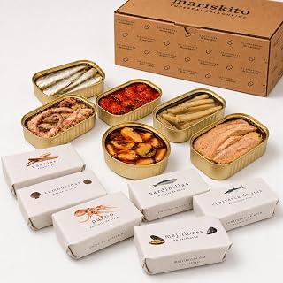 MARISKITO | Set Galicischer Feinkostkonserven La Mar de Sensaciones – Geschenkbox 6 Premium-Konserven – Miesmuscheln, Oktopus, Ensis, Bunte Kammuschel, Thunfisch-Bauchfilet, Sardinilla – Delikatessen