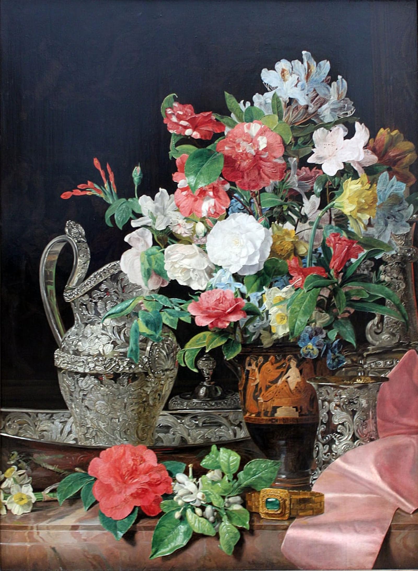 ARTXLXXBN Famous Prints Artwork Pictures Poster Painting Art Bouquet with Silver Vessels and Antique Vase by Ferdinand Georg Waldmuller Artwork Landscape Pictures for Home Decor 60x90cm