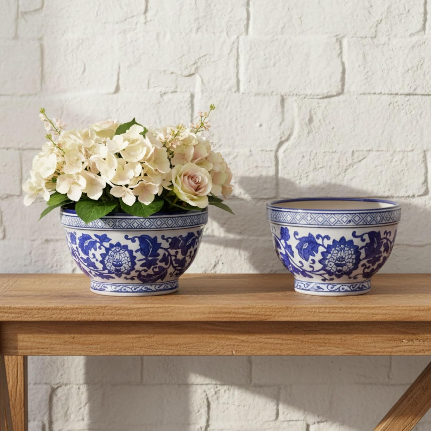 Set of 2 Plant Pots for Indoor Plants – Ceramic Planters with Floral Accents, Decorative Pots for Home Decor, Modern Indoor/Outdoor Ceramic Planter Set, Stylish Pot for Plants – 6/6", Blue & White