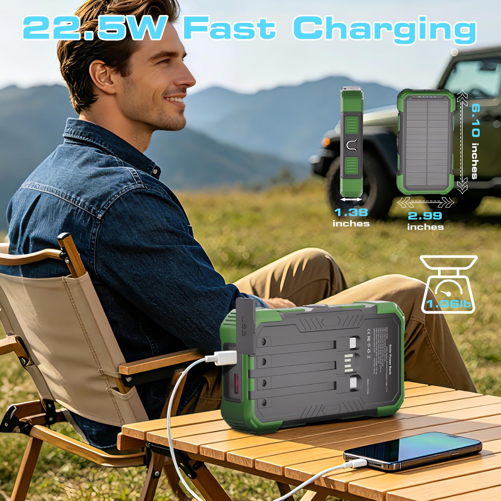Chargeur solaire 20 000 mAh, chargeur portable sans fil avec câbles intégrés, chargeur de batterie à charge rapide USB-C, chargeur de téléphone extérieur avec double lampe de poche LED pour camping