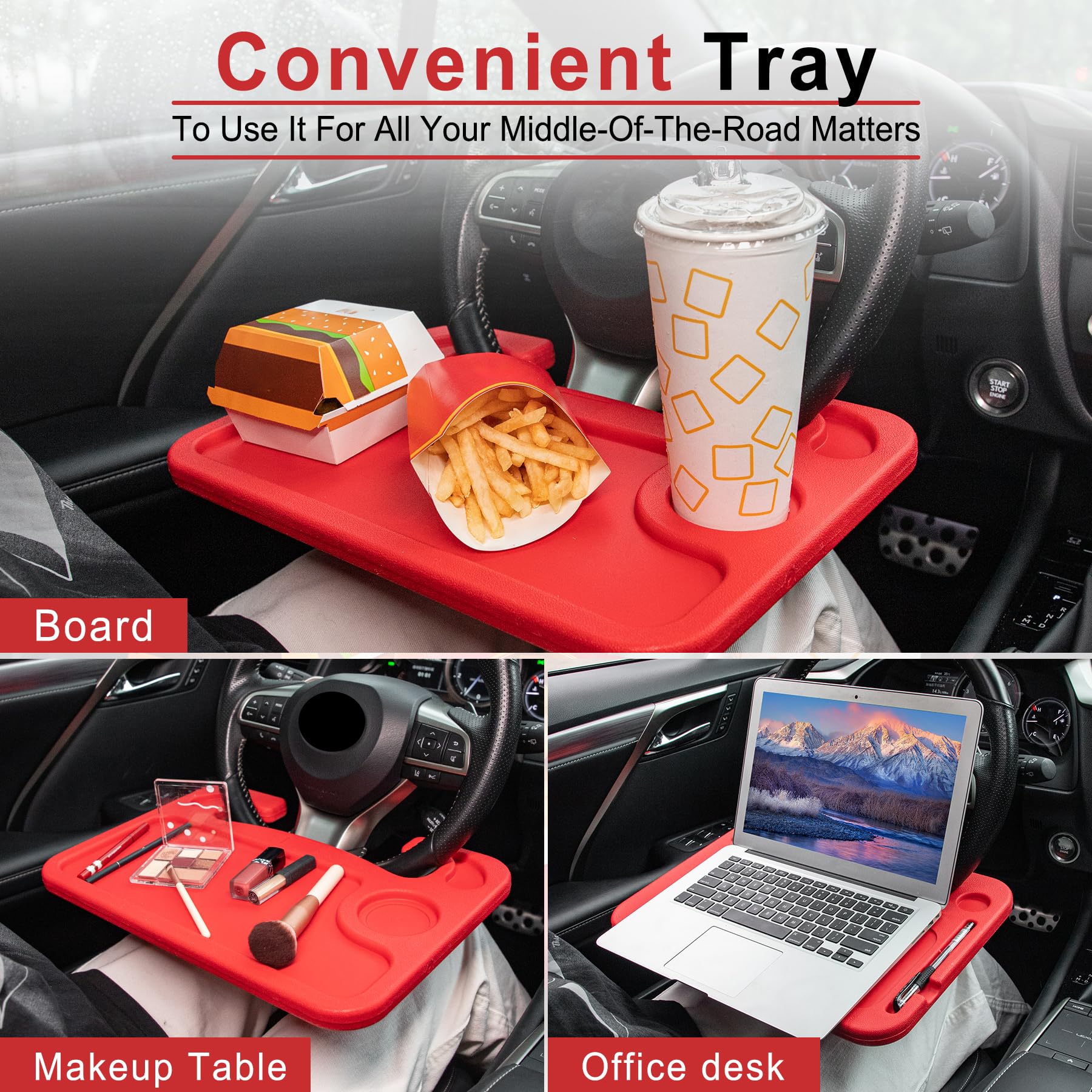 JUSTTOP Car Steering Wheel Desk, Red (ABS, Rectangular), Multipurpose Travel Tray for Eating, Laptop, Tablet, iPad, Cup Holder, Compatible with Most Cars view 2