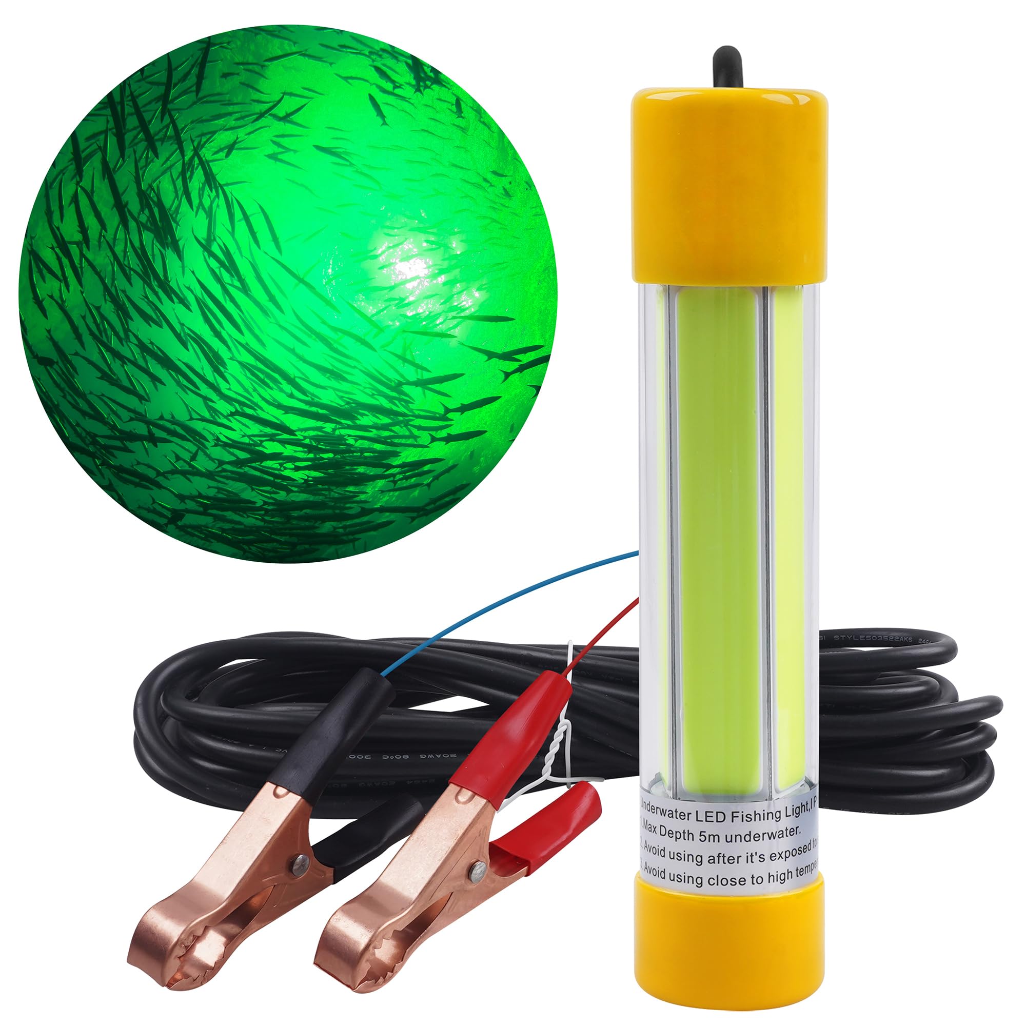 Underwater Fishing Light,Super Bright 16000 Lumens 21.5W 12V-24V Fishing Finder Night Light IP68 Waterproof Super Bright LED Submersible Night Fishing Light with Battery Clamp (Green)