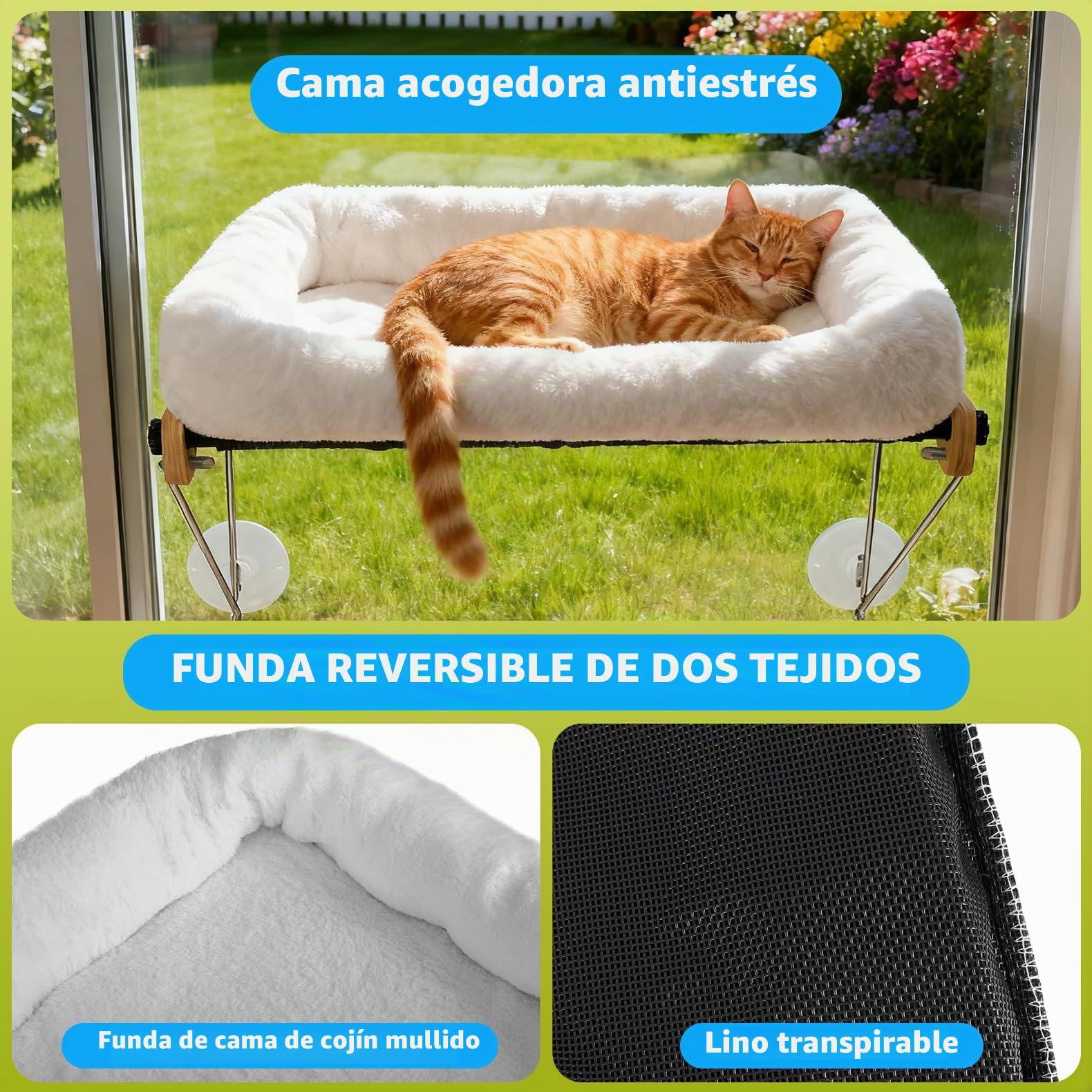 HONEYGUARDIAN Cama Gatos Ventana, Hamaca Gato Ventana de Madera con Ventosa Fuerte, Amaca Camita para Gato, Cama Colgante para Gatos Soporta hasta 18kg con Lavable & Reversible Cojín, 56 x 33cm