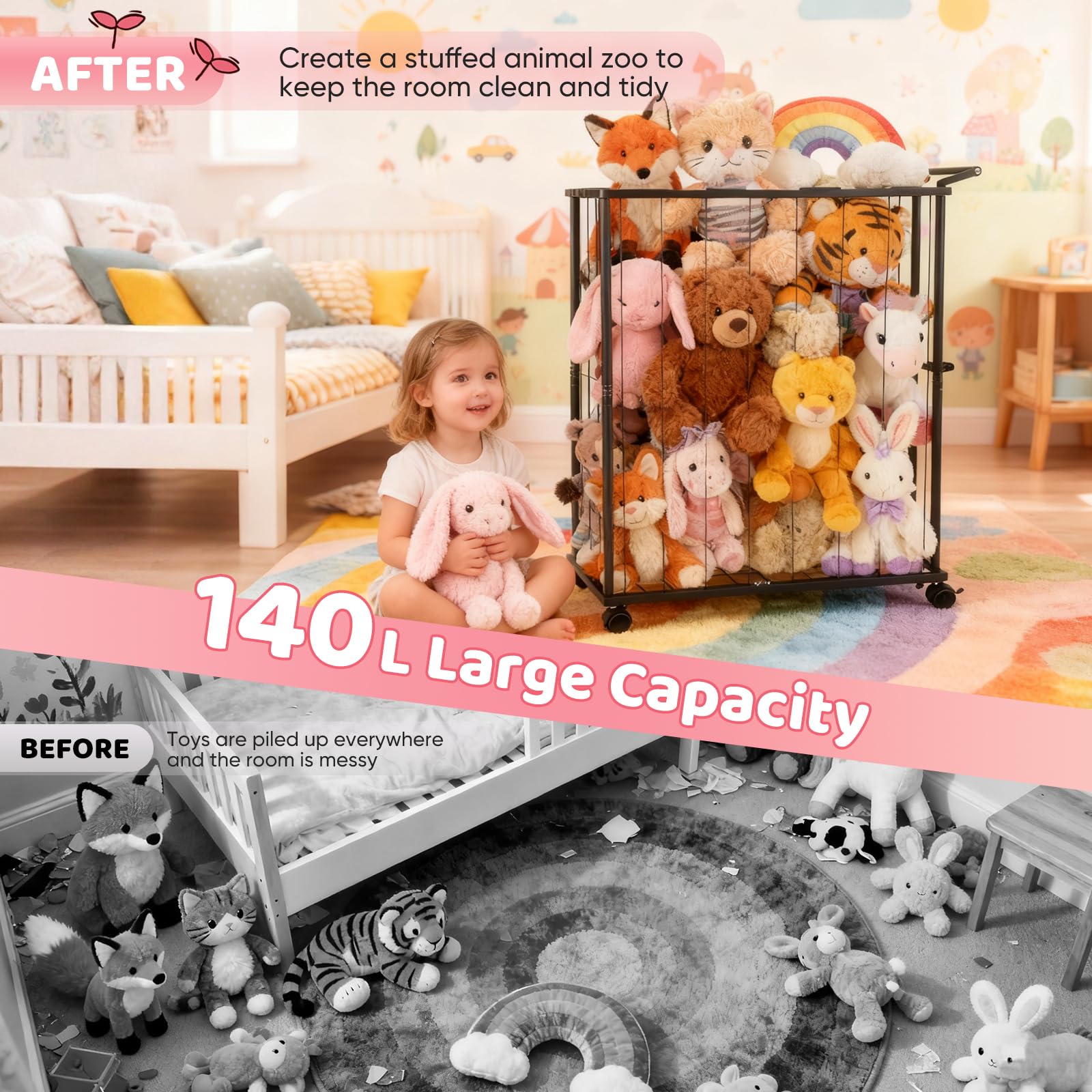 Rangement Mobile pour Peluches en Métal Noir, Organisateur de Jouets avec Cordes Élastiques, 83.6 x 65 x 32 cm, Zoo à roulettes pour Chambre d'enfant