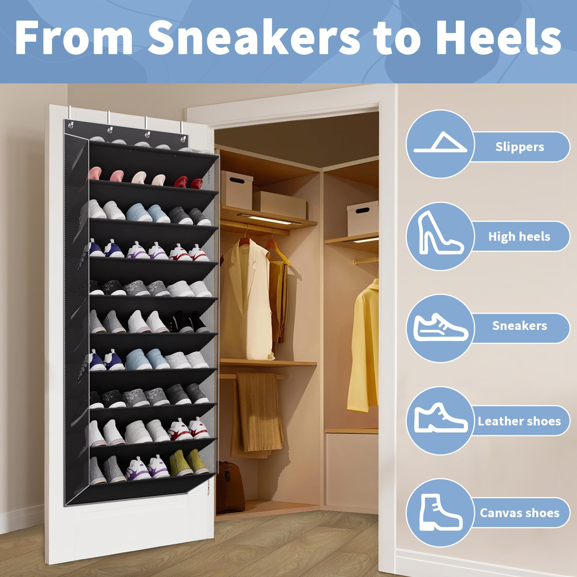 TAHAVICE Holds 30 works Over Door Shoe Storage, 10-Tier Large Capacity Hanging Shoe Rack with Deep Pockets - Image 4