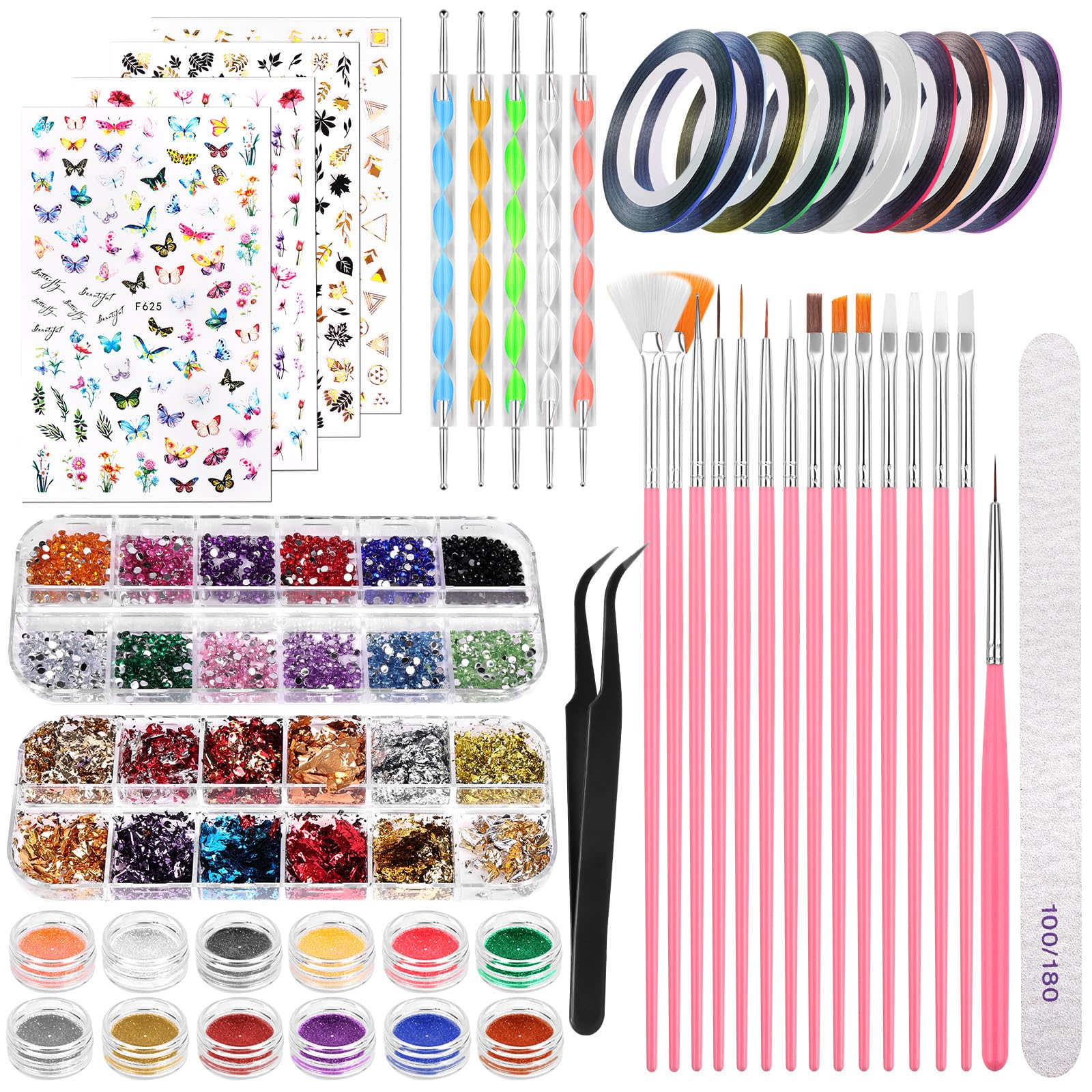 Nail Art Kit, Doubel Ended Nail Art Brushes, nail Design Brushes, Nails Sticker Gems Butterfly Rhinestones Foils, Point Drill Drawing Painting Tools Set, Dotting Tool for Beginners (Set A)