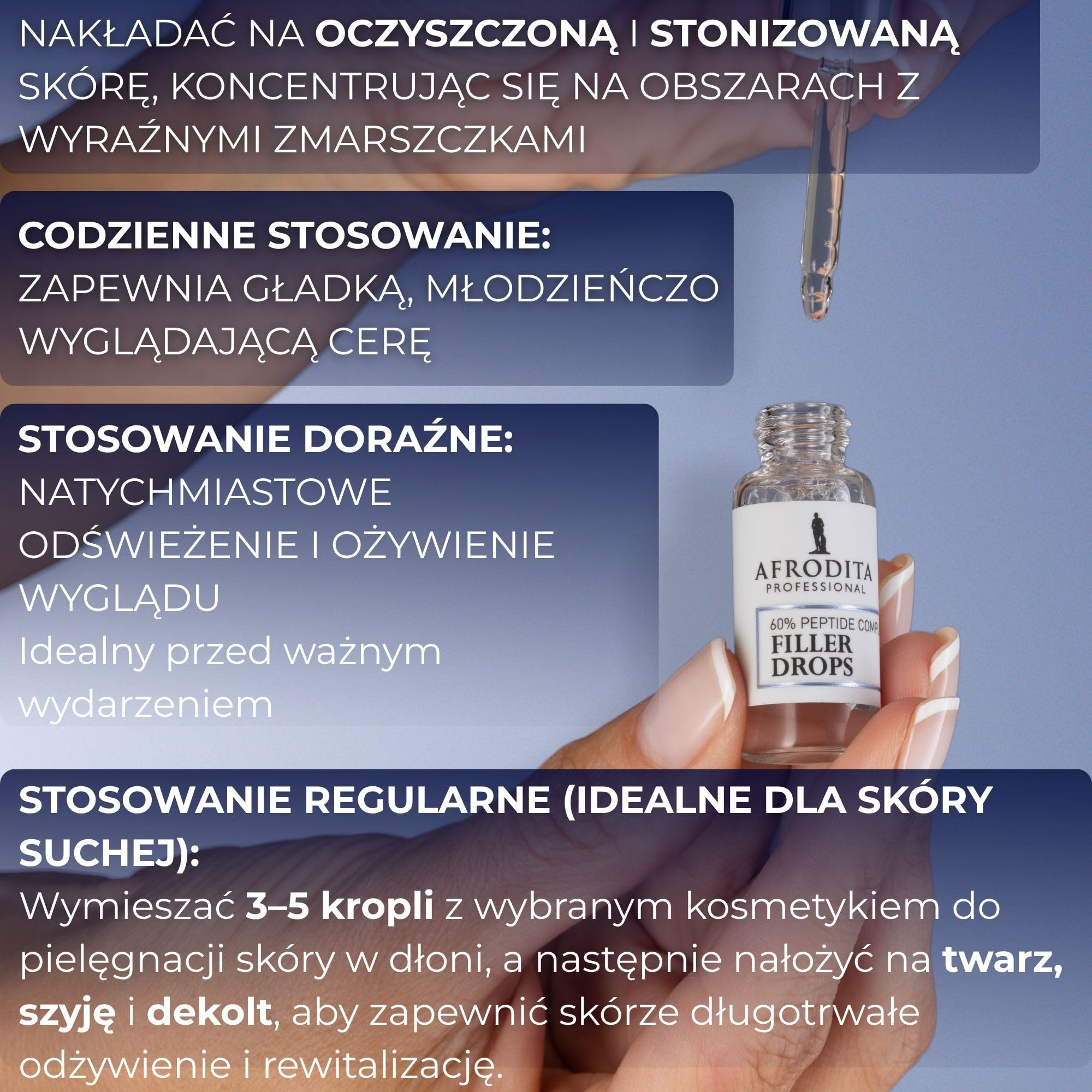 Afrodita Professional 60% Peptid Filler Drops serum do twarzy – przeciwzmarszczkowe serum hialuronowe dla kobiet – ujędrniające serum nawilżające 5 ml