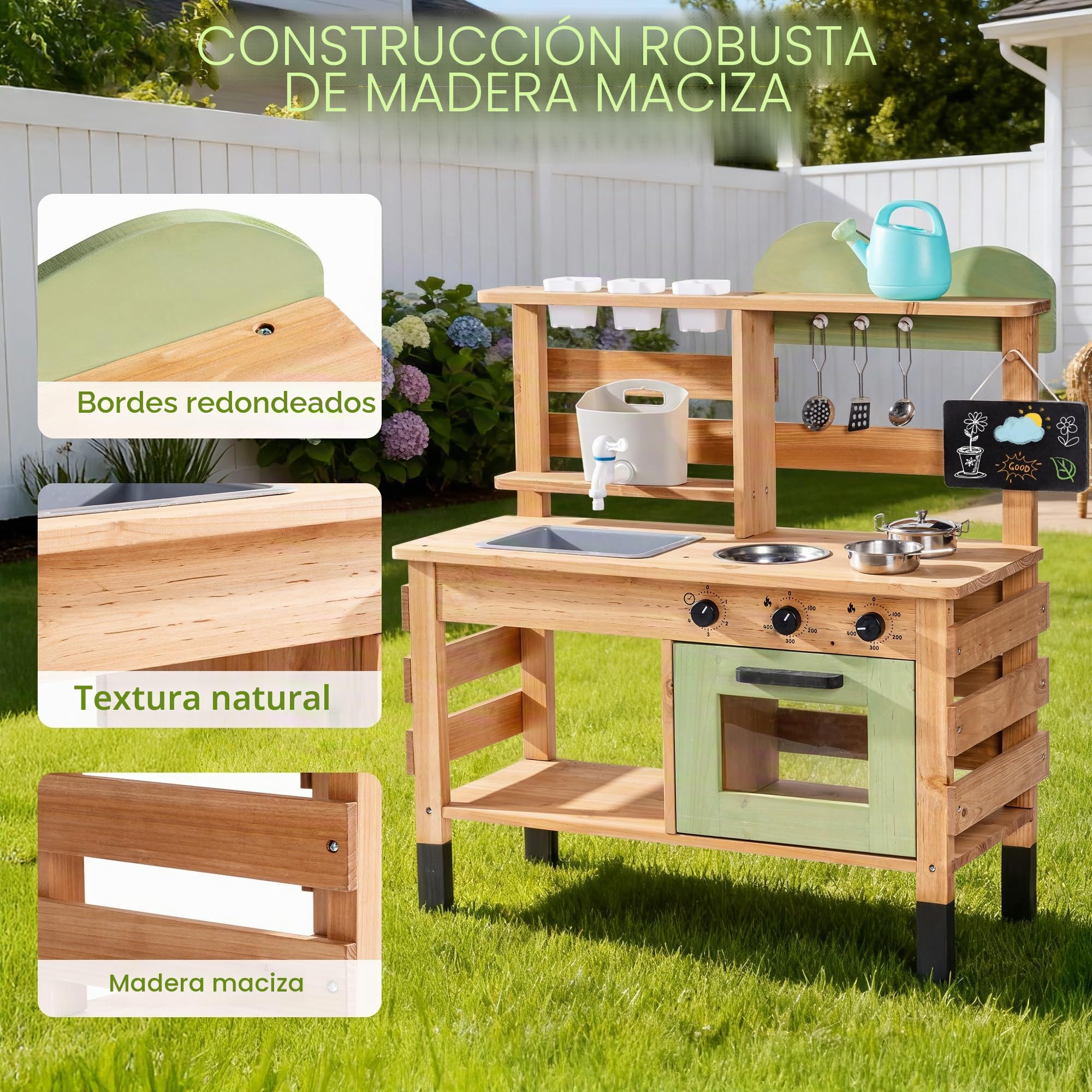 ROBUD Cocina de barro para niños al aire libre, cocina de juguete de madera con grifo auténtico, hervidor de agua, macetero, horno, pizarra, cocina infantil, regalo de madera para niñas y niños a