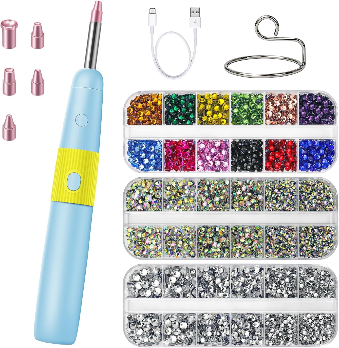 DIY Hotfix Applicator, 5 in 1 Hot Fixed Wand Bedazzler Kit, Rhinestones Setter Wand Tool with 5 Different Tip Sizes, DIY Bedazzler Kit with Rhinestones with Support Stand (Blue)