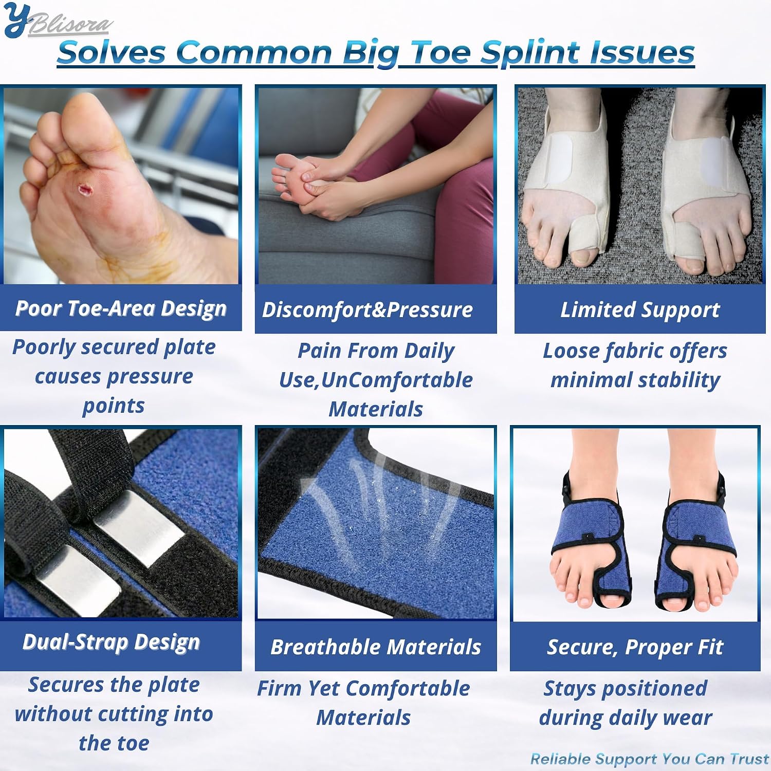 Broken Big Toe Splint Brace for Women Men, Big Toe Splint for Broken Toe with 3 Stainless Steel Plates, Adjustable Broken Toe Brace, Turf Toe Support, Detachable Heel Strap Buckle, Shoehorn Included, Blue Left