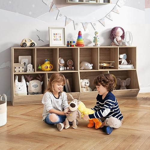Miniatura 9 de COOURIGHT Almacenamiento de juguetes con estantería, estribo de biblioteca, organizador de juguetes de madera abierta de 5 cubos, estante de
