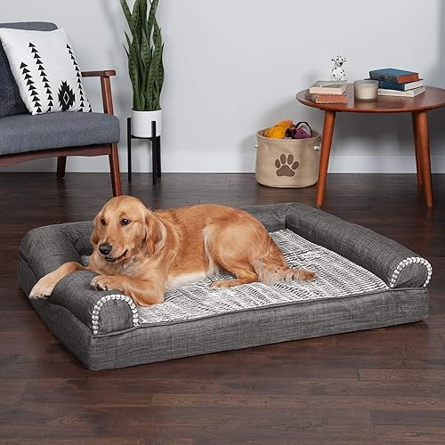 Miniatura 3 de Furhaven - Cama para mascotas de espuma de gel refrescante para perros y gatos, cama tipo sofá de piel sintética y lino de rendimiento duradero, con