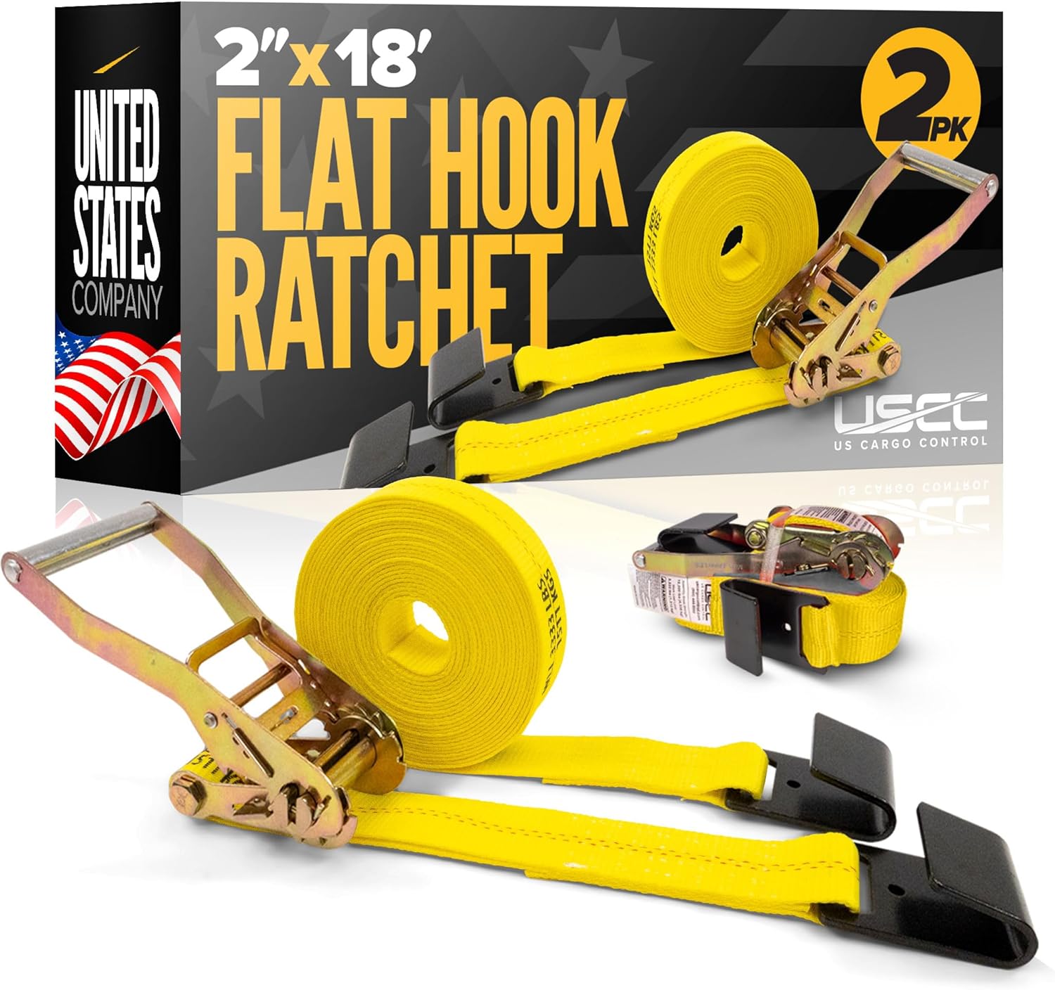 US Cargo Control Flat Hook Ratchet Straps 2 Inch x 18 Foot (2-Pack), 10,000 LBS Break Strength, Yellow Heavy Duty Ratchet Straps with Black Flat Hooks for Trailers, Trucks, Moving, Vehicles, Pallets