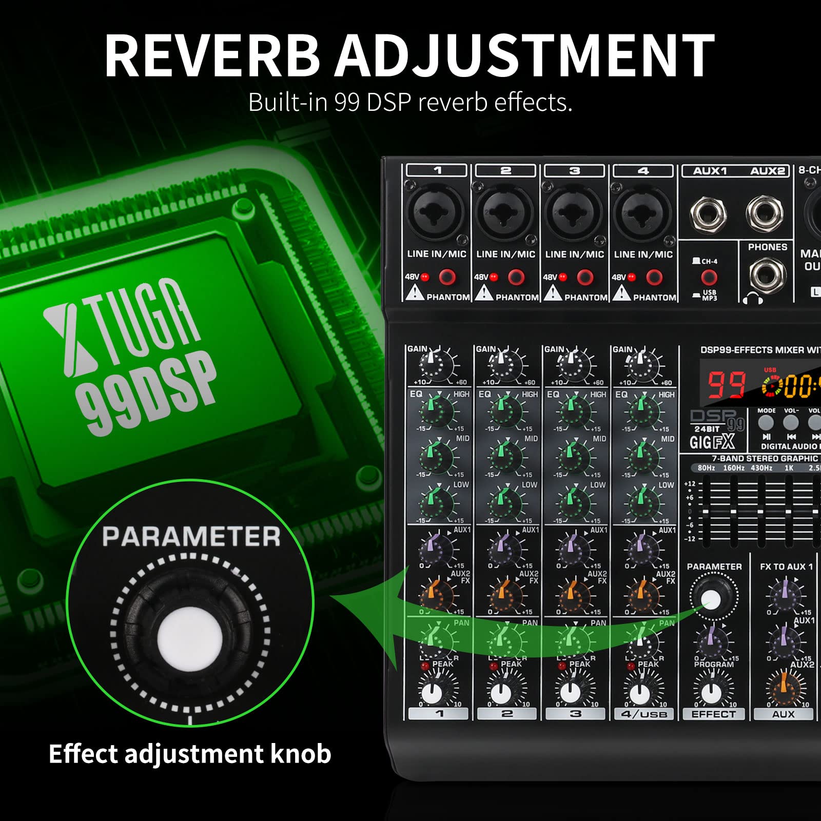 XTUGA LXT6 Table de mixage audio professionnelle à 6 pistes avec 99 effets DSP, égaliseur 7 bandes, bouton d'alimentation fantôme 48V indépendant et sourdine, fonction Bluetooth, DJ, scène/soirée