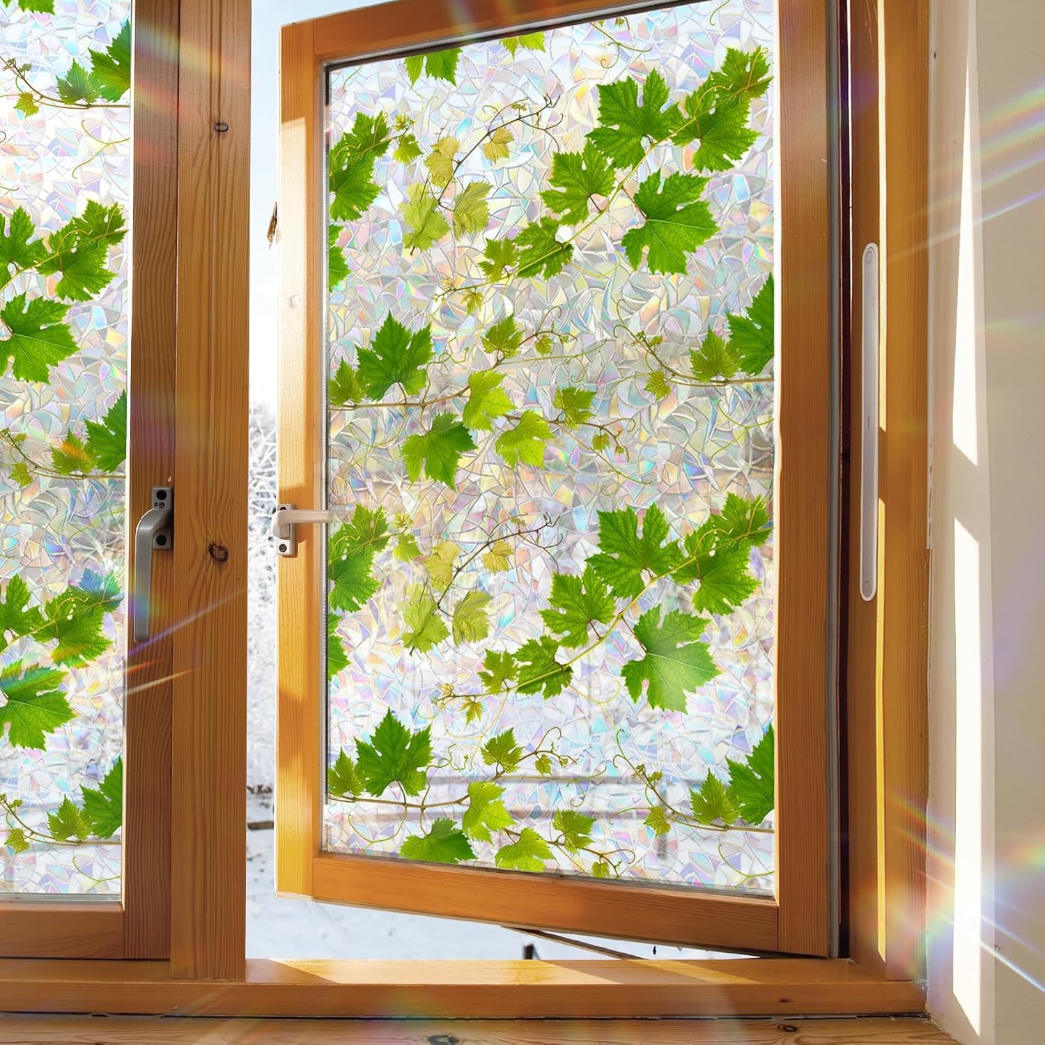 Rainbow Privacy Film, Decorative Grape Vine Clings, Green Leaves Stickers, Static Decals for Home Store Window Glass Door Decoration, 15.7 x 39.4 Inches
