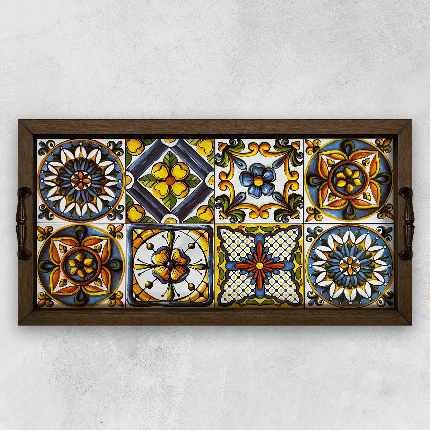Anatolian Mosaic Tray - Handmade Decorative Serving Tray - Rectangular Mosaic Tray - Ceramic Tile Wooden Tray - Kitchen Serving Tray with Metal Handles - Multicolor Anatolian Serving Tray (42x22 cm)