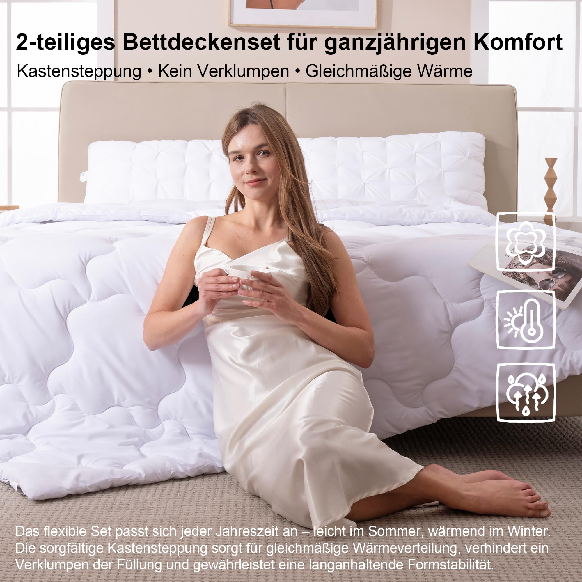 Waxberry 4 Jahreszeiten Bettdecke 135x200, 2 Teilig Set - Winterdecke 450gsm - Ganzjahresdecke 300gsm + Sommerdecke 150gsm, Weiche Steppdecke Waschbar Anti-Allergisch, Weiß - 5