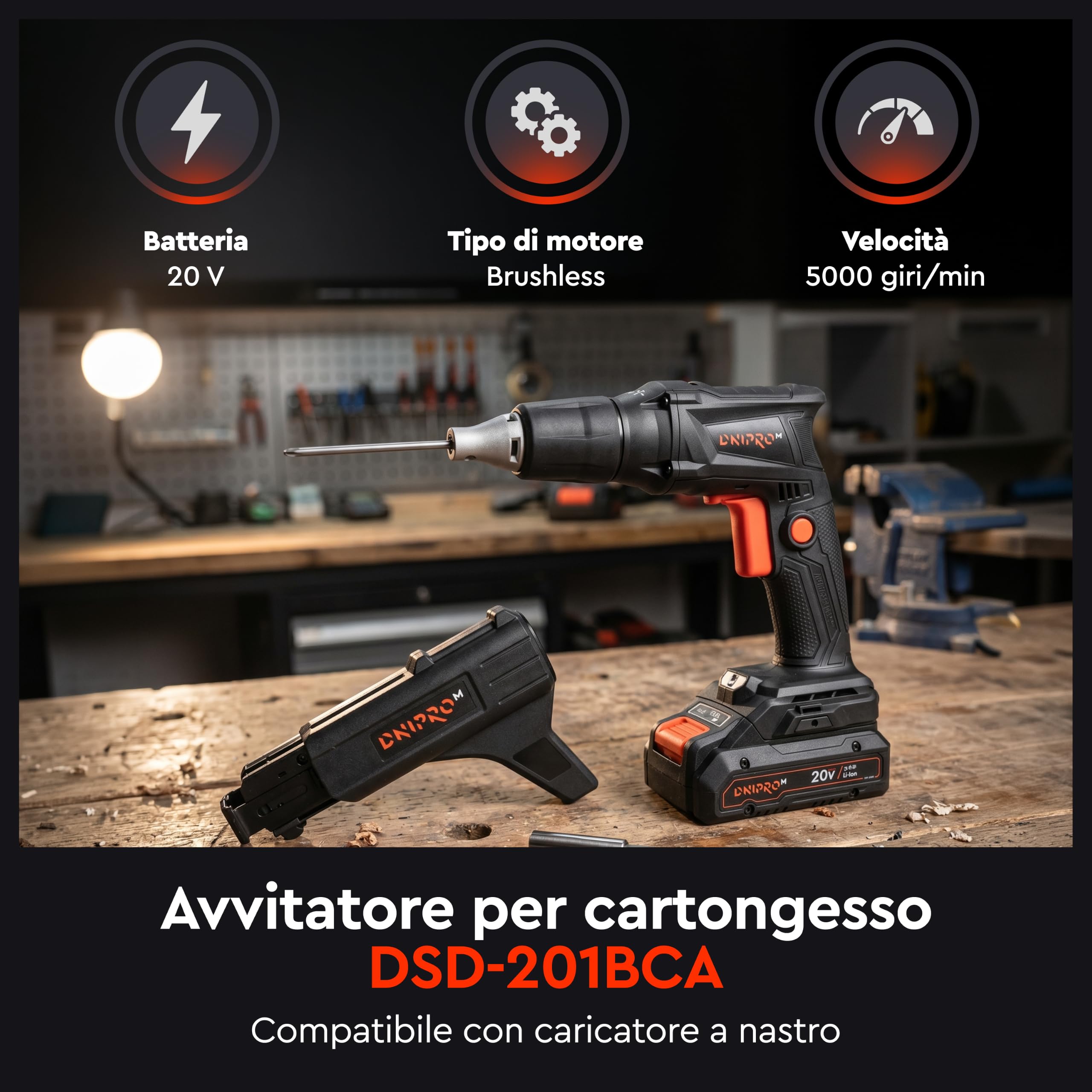 Avvitatore per cartongesso Dnipro-M DSD-201BCA 20 V, con batteria da 6 Ah