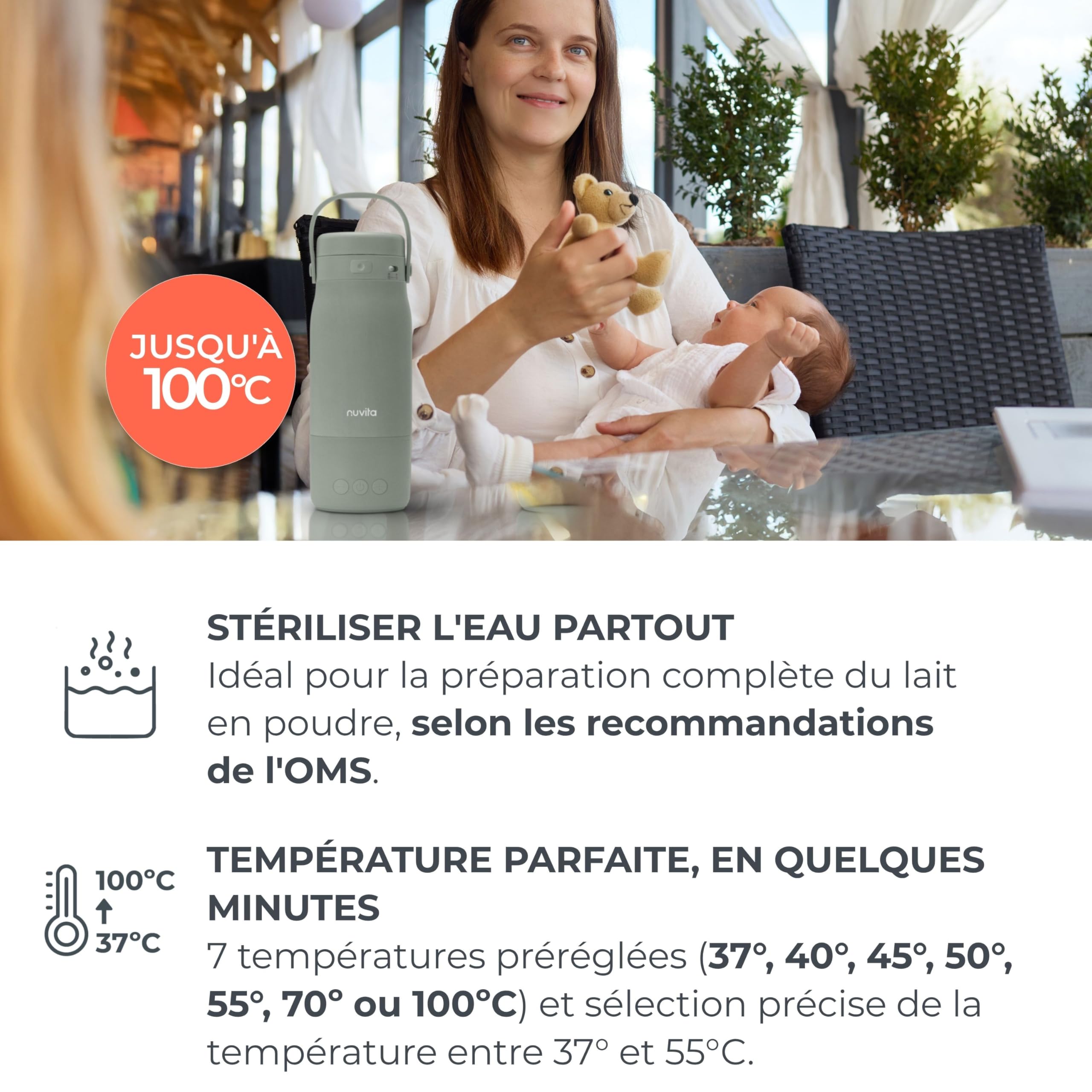 Nuvita 1190 Chauffe Biberon 500 ml – Chauffe-biberon sans fil avec batterie rechargeable, 3 températures sélectionnables 37 °C/55 °C/100 °C, maintient au chaud jusqu'à 12 heures