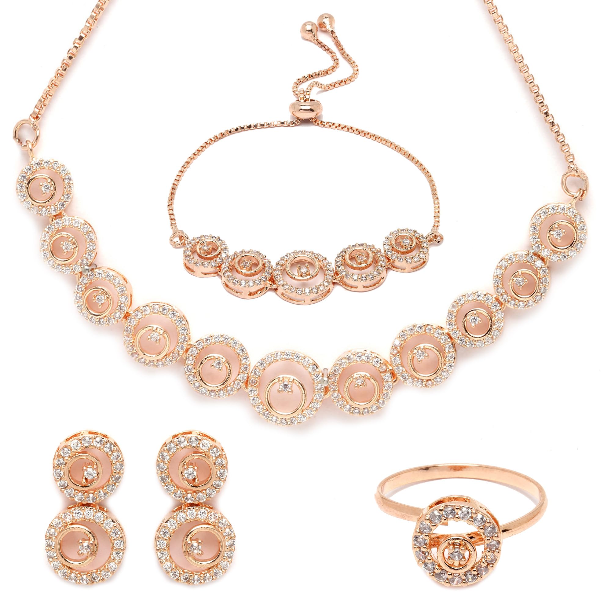 ZENEME Fashion Cubic Zirconia Gold Plated Choker Necklace Set Ring Bracelet With Earring Jewellery For Women Pack Of 4 (Rose Gold) (B0C9V1KQFB) Amazon Price History, Amazon Price Tracker