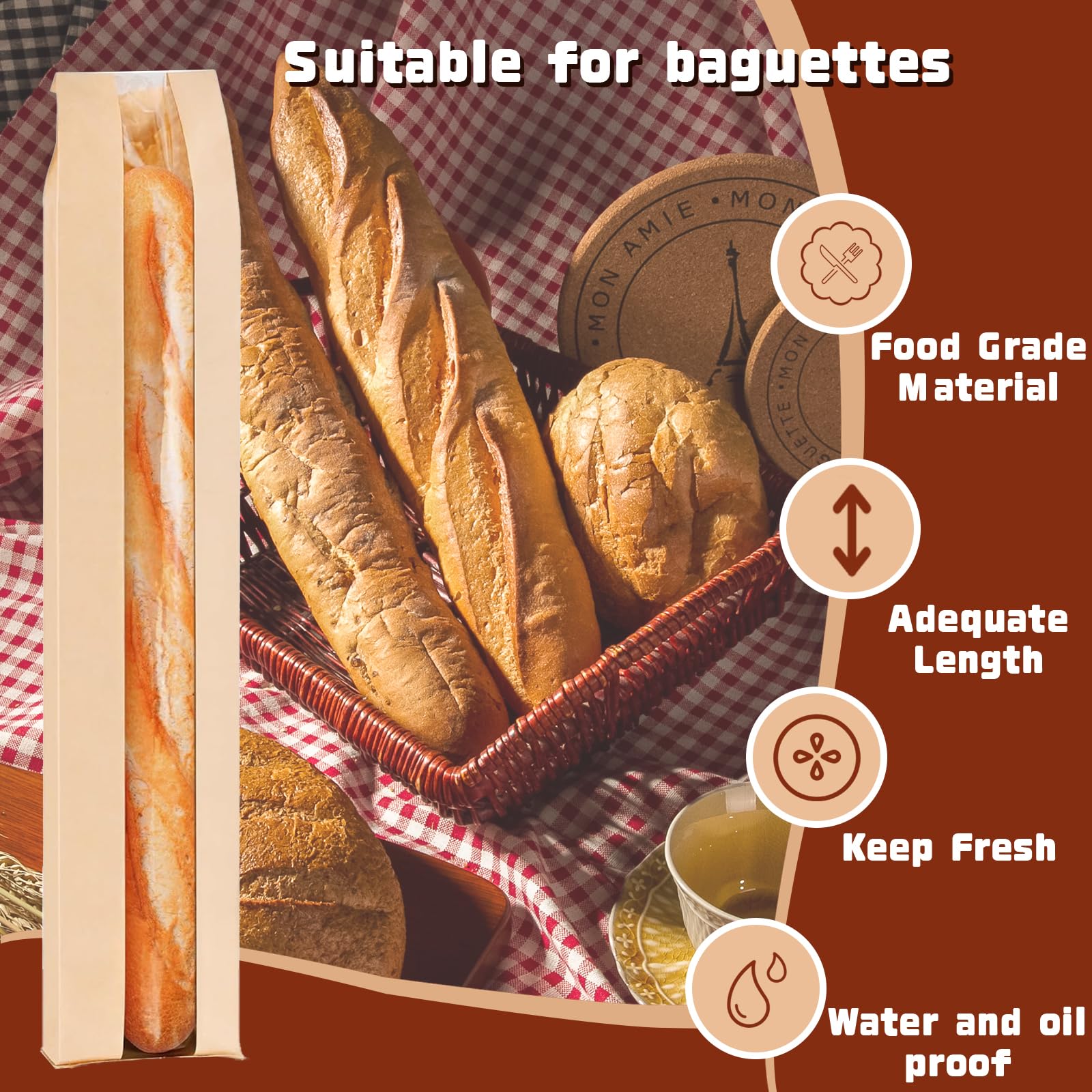 Paquete de 50 bolsas de baguette para pan casero con calcomanías, bolsas de pan de papel kraft reutilizables, bolsas largas de papel de masa madre con ventana frontal transparente