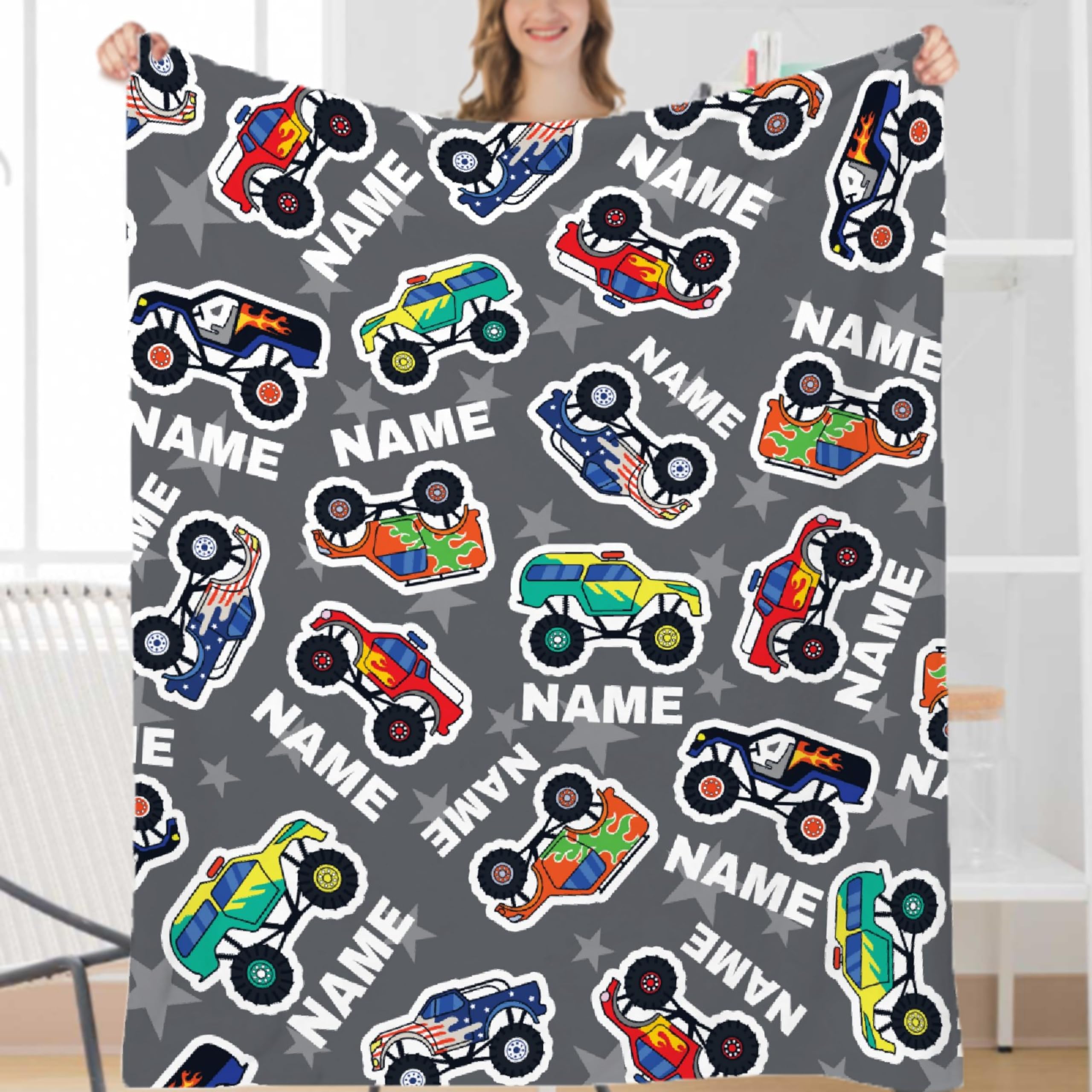 Ottoy Mon-Ster Truck Personalized Baby Blanket Gifts for Boys Mon-Ster Truck Custom Name Blanket Super Soft Lightweight Blankets Air-Conditioning Quilts Chirstmas Gifts Decor 50