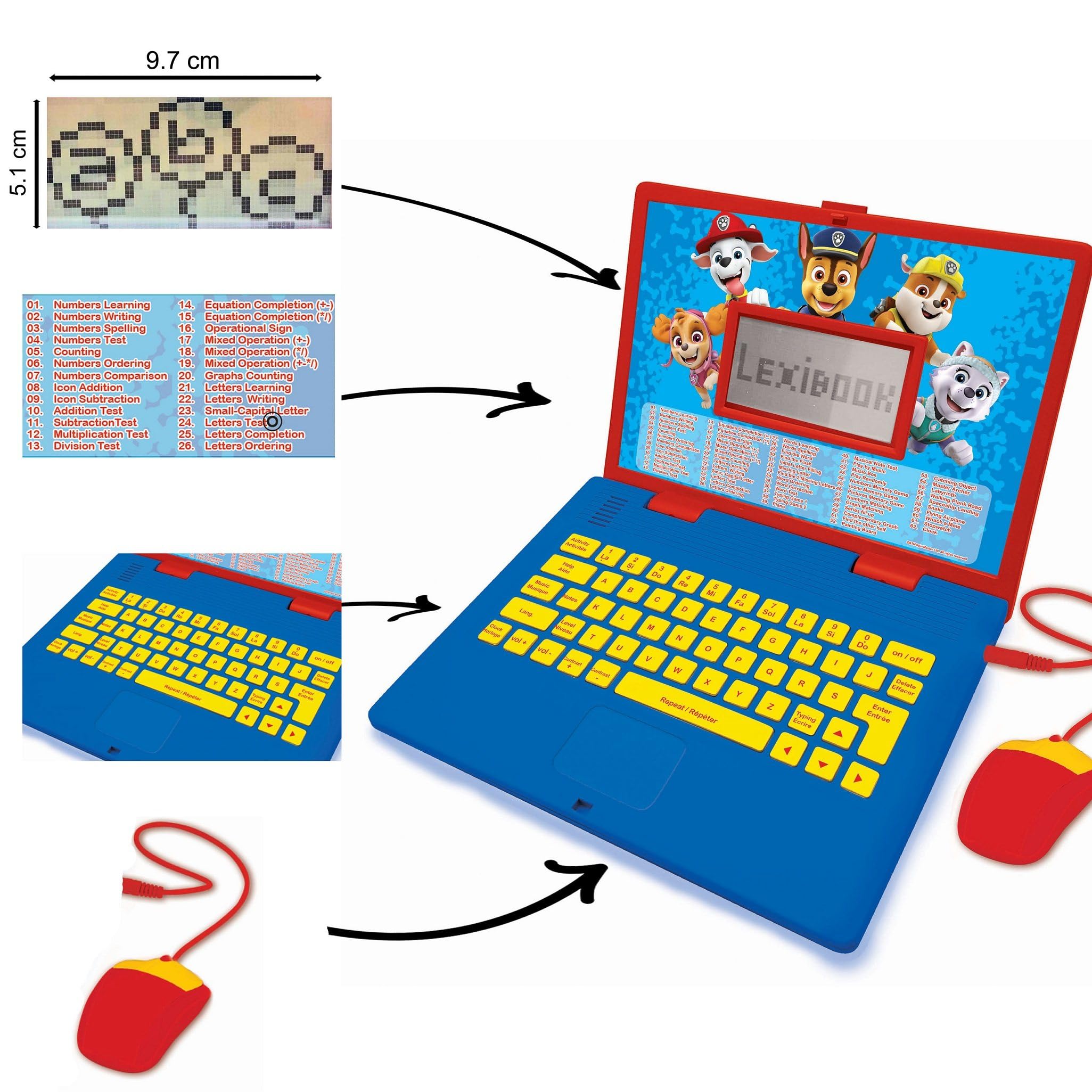 Lexibook Psi Patrol - dwujęzyczny laptop do celów edukacyjnych, angielski i niemiecki, 124 aktywności, matematyka, logika, muzyka, zegarek, gry – zabawka dla dzieci (dziewczynki i chłopcy