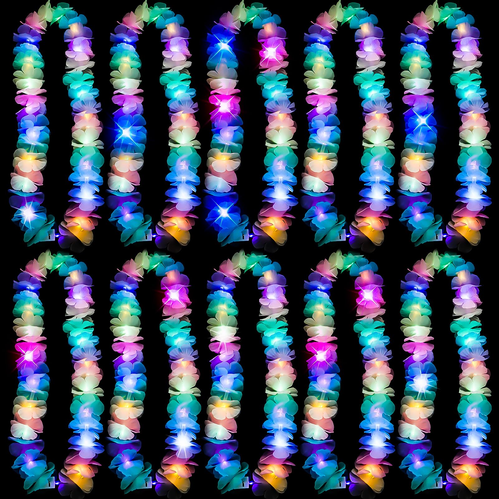 Joycabin Pack of 10 LED Hawaii Chains Flowers, Luminous Hawaiian Flower Chains, Hawaiian Decorative Garlands, Colourful Flower Chains Hawaii for Children Adults Tropical Birthday Party Beach Holidays