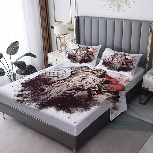 Viking Warrior Sábanas tamaño individual, sábanas étnicas, sábanas y fundas de almohada estampadas de 3 piezas, sábana bajera ajustable de