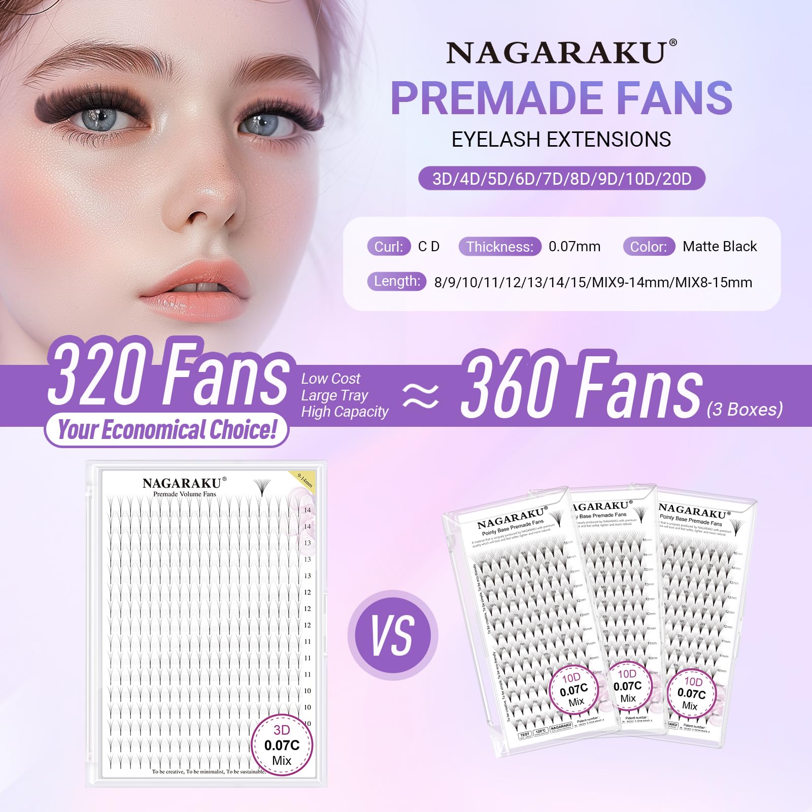 NAGARAKU 5er-Pack 6D Premade Fans 320 Fans 0.07 C 9-14mm Wimpernfächer | Sauber Getrennte 360° Breiter Fächer Für Schnelle Entnahme, Präzise Applikation Effiziente Luftige Leichtes Volumen Lash-Sets