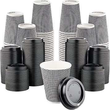 [400 SET]Harvest Pack 12 oz Disposable Coffee Cups, Insulated Ripple Double-Walled Paper Cup with Lid, Black and White Geometric, Tea Hot Chocolate Drinks To go coffee cups