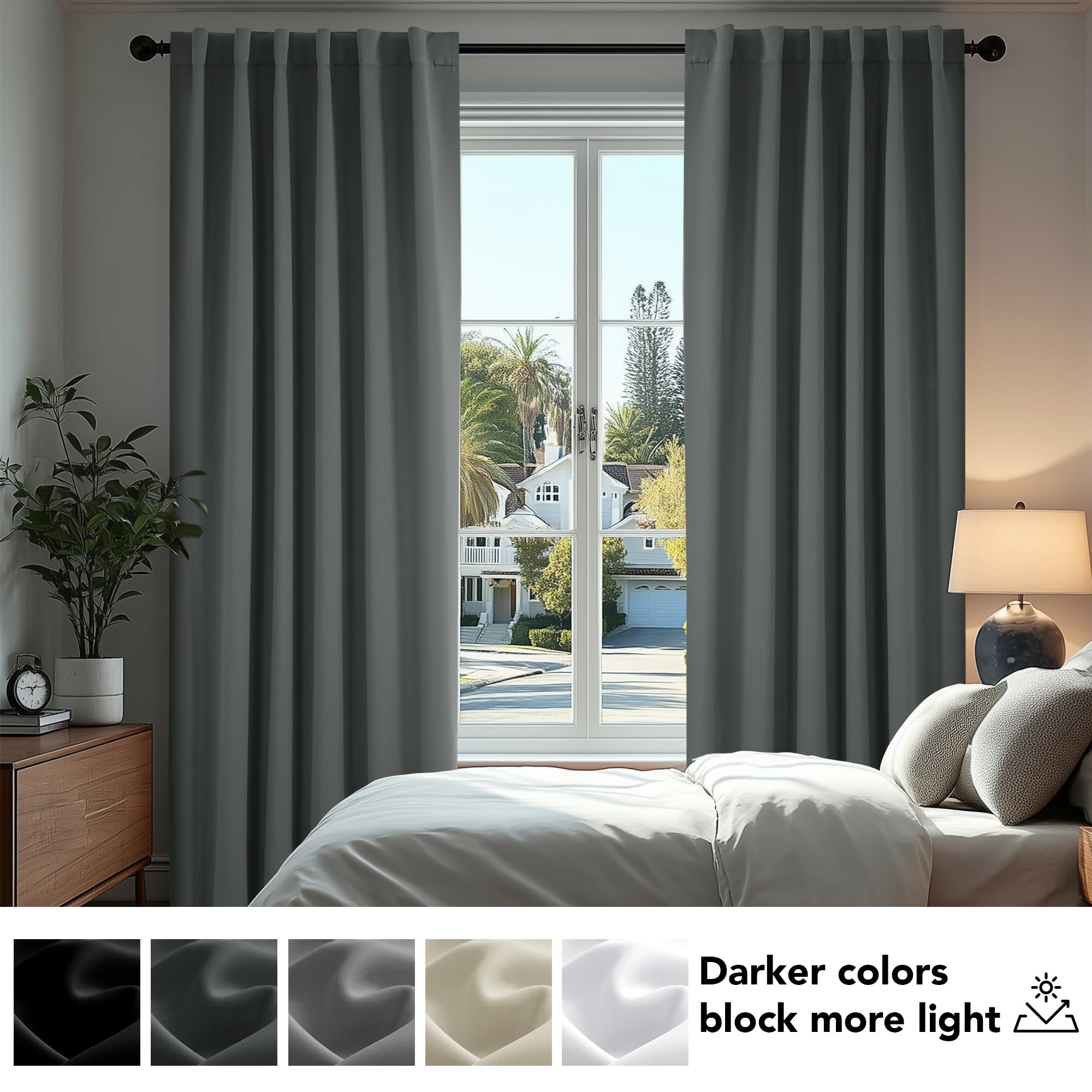 Deconovo Rideaux occultants, Opaques, avec Bandes froncées, Rideaux Thermiques 3 en 1, Chambre à Coucher, 2 Pièces140×300 CM (Largeur x Hauteur) Gris Foncé