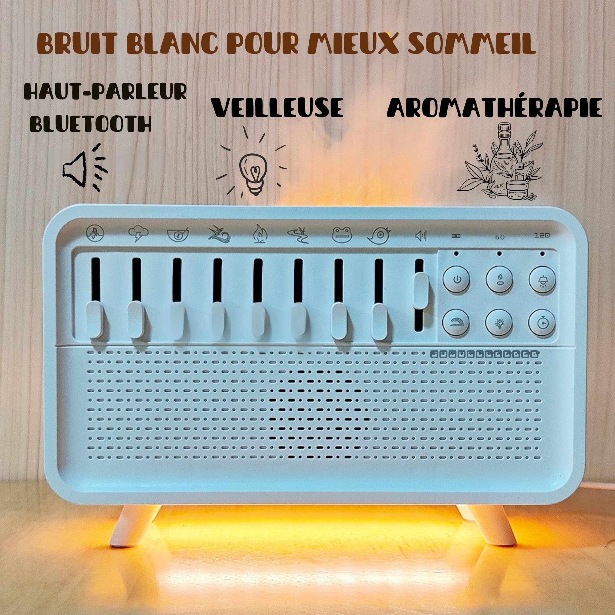 Enceinte Bluetooth 4 en 1 - Machine à bruit blanc pour bébés et adultes, humidificateur avec veilleuse et aromathérapie - Aide au sommeil, bruit blanc avec 8 sons de la nature, relaxation
