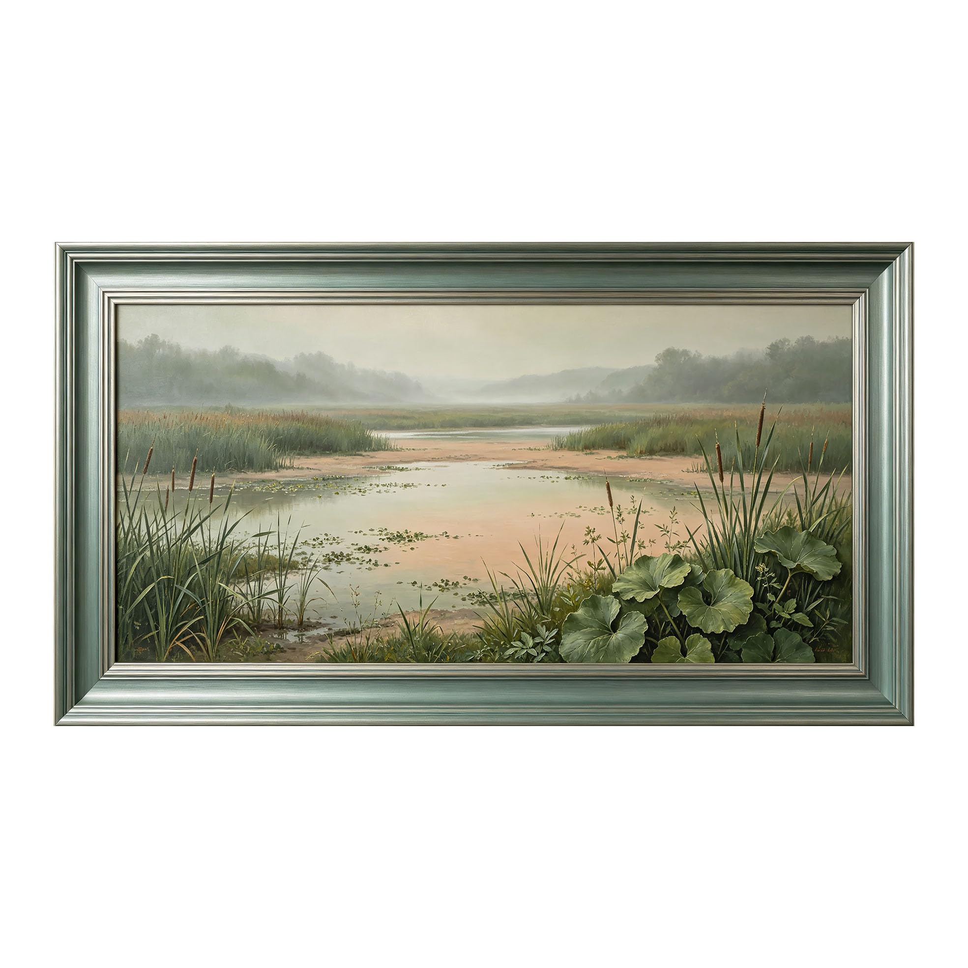 Yzpallescene 3D Framed Wall Art 50cm×100cm Misty Wetland Lake Meadow Oil Painting Panoramic Nature Landscape Large Size SelfAdhesive Removable Wall Decor Prints Artwork for Living Room Bedroom Office
