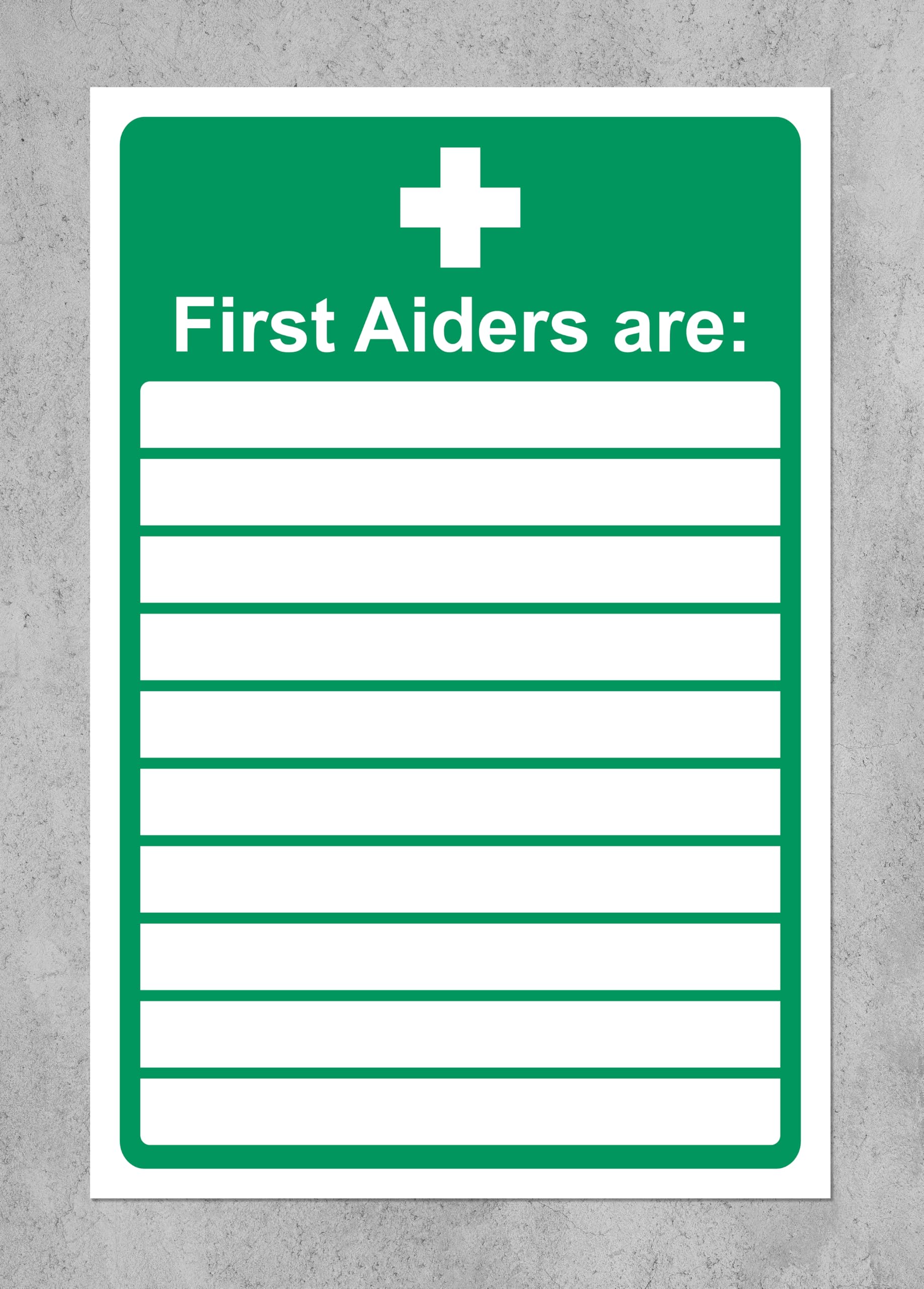 First aiders are blank list safety sign - Self adhesive sticker (300mm x 200mm)
