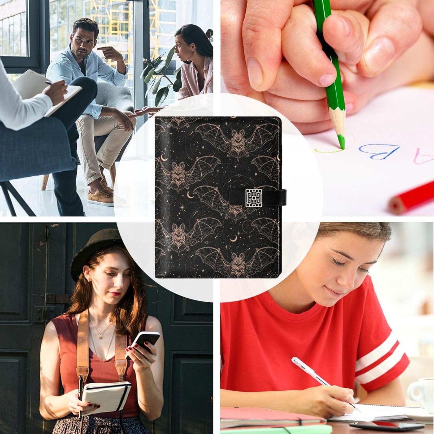 Shiny Bats PU Leather Notebook Binder A5 6 Ring Refillable Journal with Magnetic Buckle Closure Travel Planner Notebook Binder for Business Cards,Office, Halloween