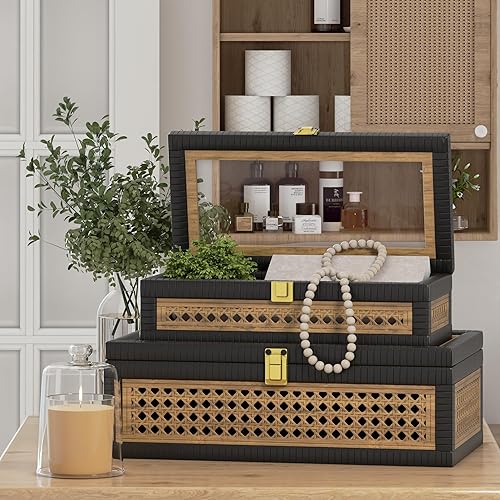 Miniatura 2 de Caja decorativa de ratán, cajas de exhibición bohemias con tapas, juego de 2 decoraciones rectangulares de mimbre para almacenamiento, contenedores