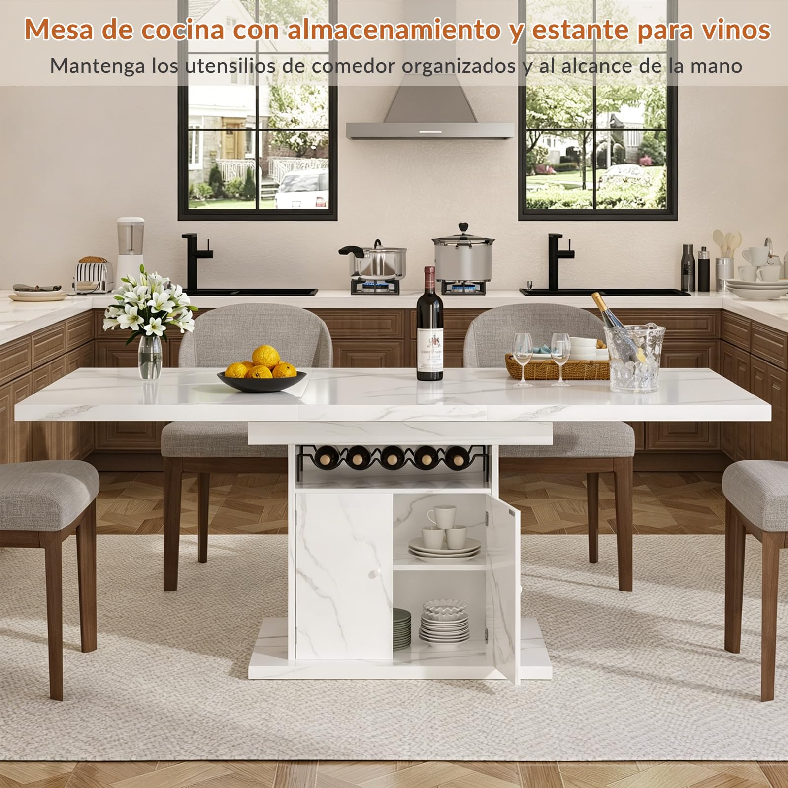 Mesa de Comedor Extensible, Mesa Rectangular,Blanca Efecto mármol, con Estante para vinos y Armario, 120 (160) x 80 x 76 cm, para 4-8 Personas