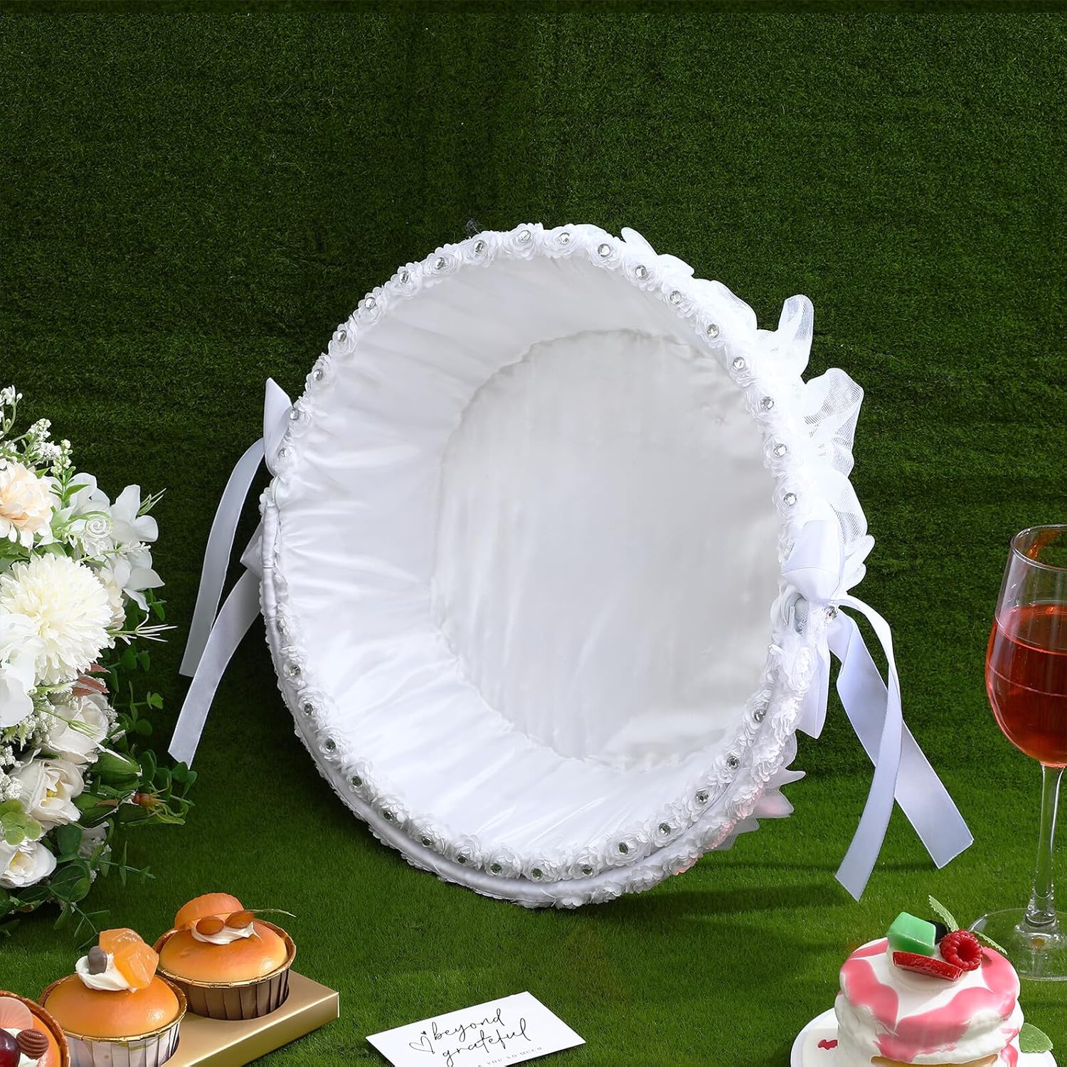 BESTOYARD Wedding Flower Basket for Bride and Flower Girl Lace and Polyester Handheld Basket with Rhinestones European Style for Bridal Shower and Party Decoration