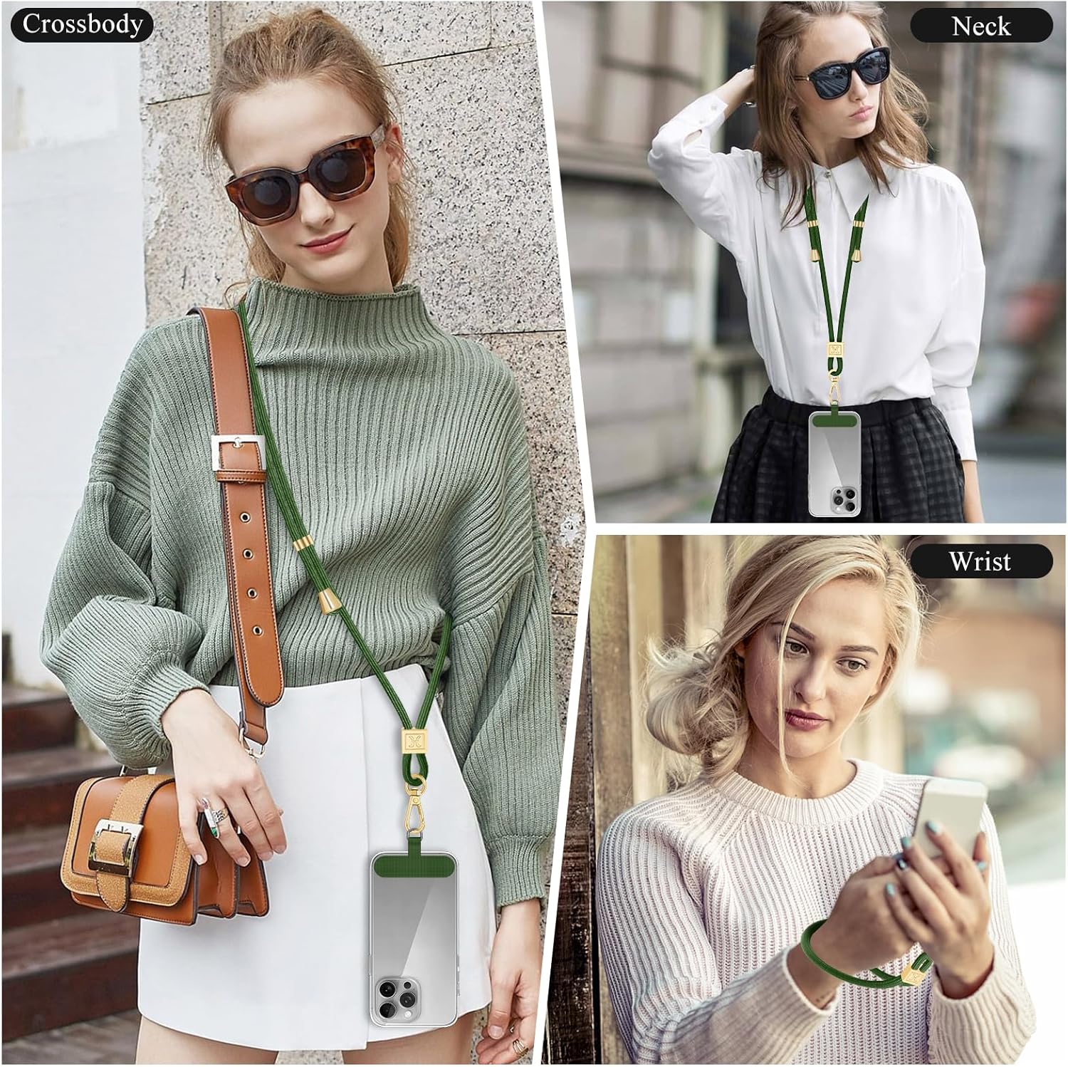 Phone Lanyard Crossbody, Hand Wrist Strap Lanyard with 2 Phone Tethers, Adjustable Anti Theft Phone Strap Neck Lanyard for Keys ID Badges Phones Wallet, Dark Green - Image 3