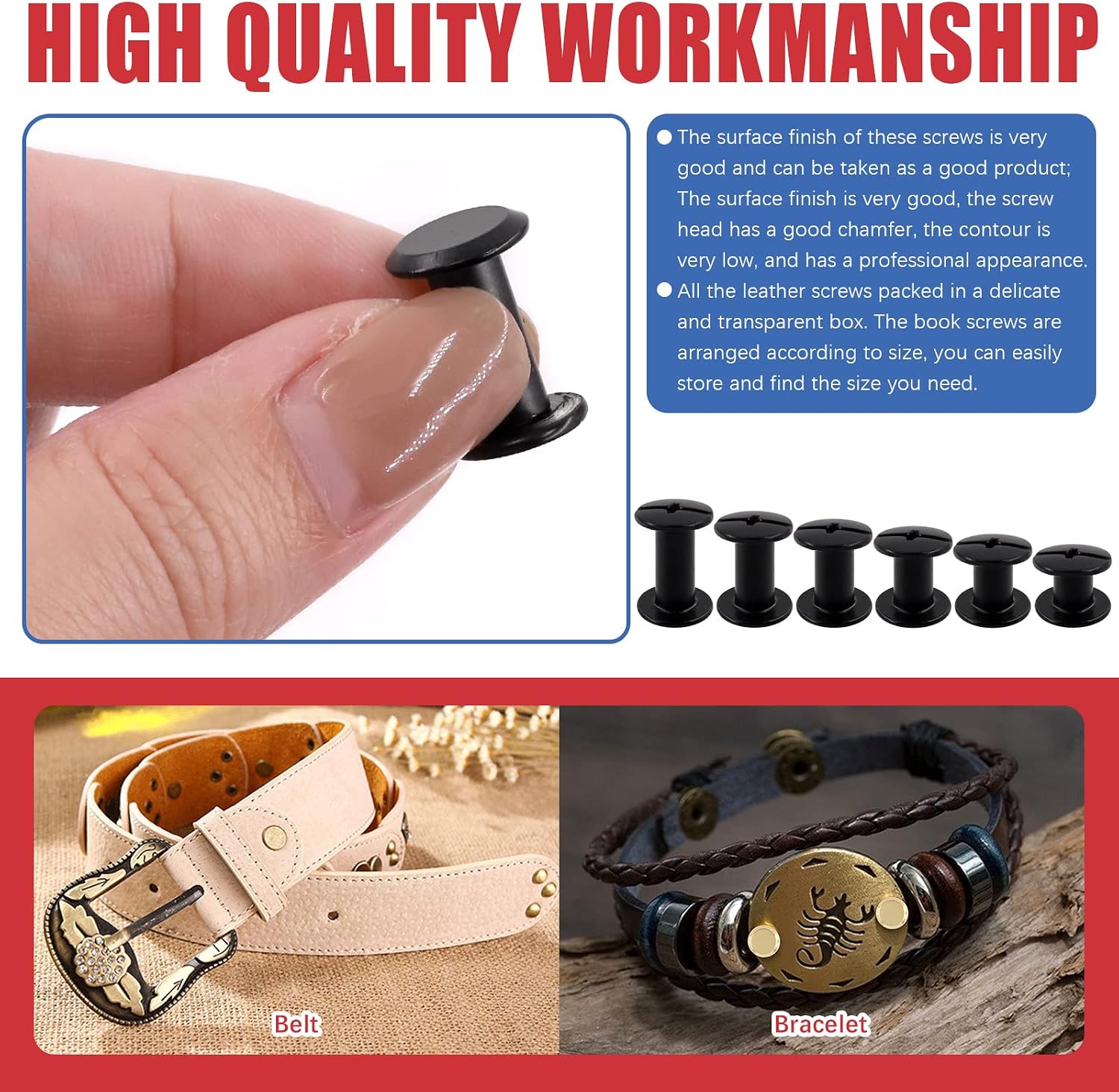 Hilitchi 110 Sets Black Chicago Screws Buttons Flat Head Screws Leather Rivets, Carbon Steel Round Binding Screws Rivets Nail Rivet Leather Studs Rivets with Install Tool (M5 x 4,5,6,8,10,12)