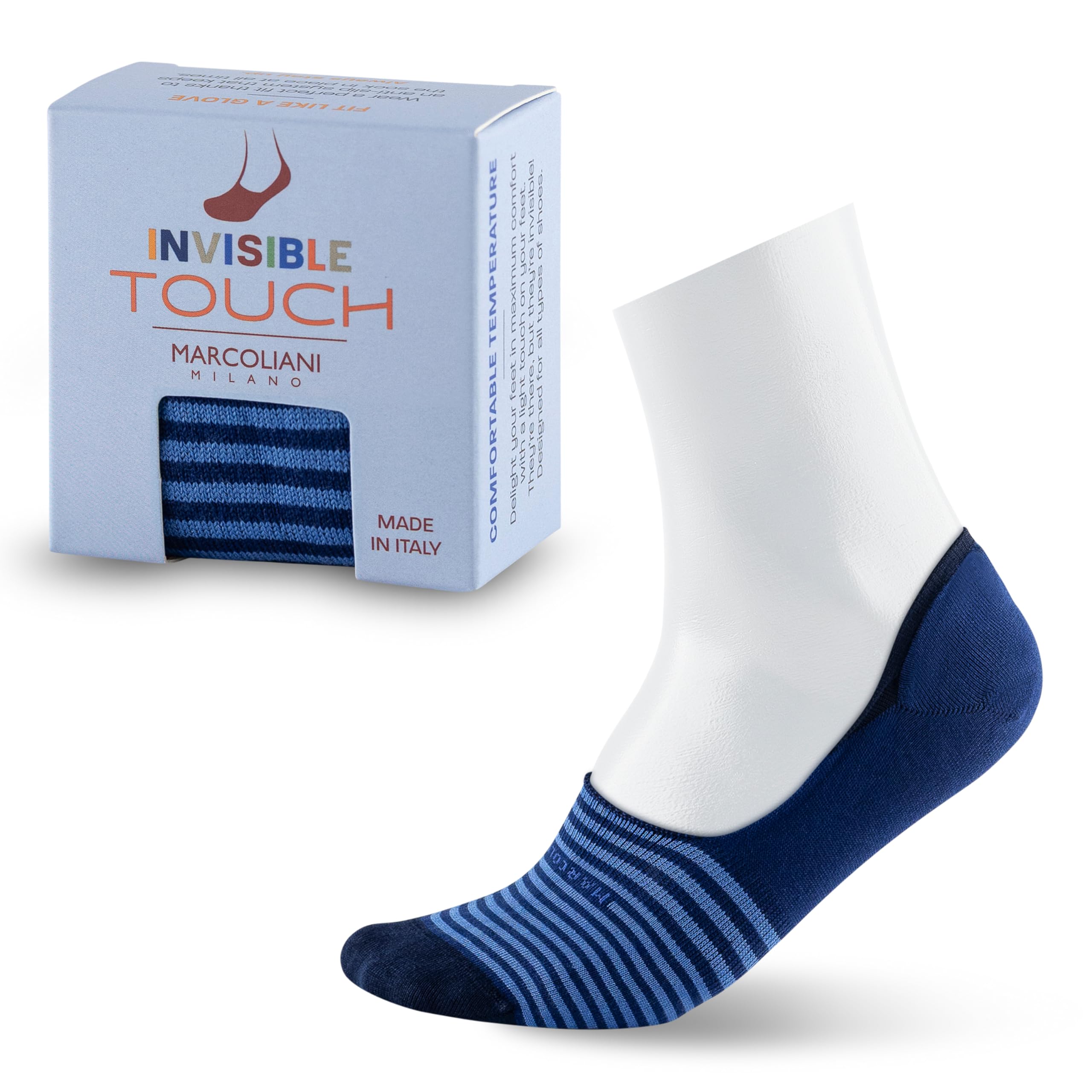 Marcoliani Men's Royal Blue Stripe Invisible Touch Liner Sock, Blu Royal