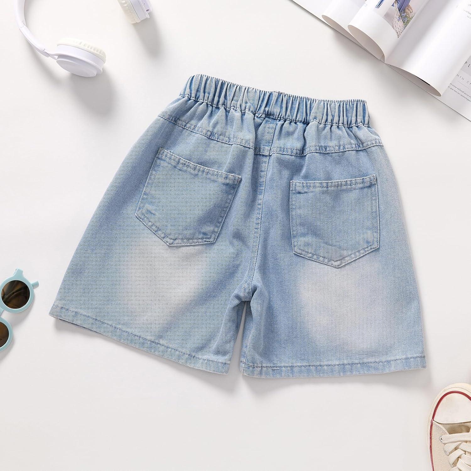 ガールズリップジーンズショーツ ゴムウエストカットオフデニムショーツ。