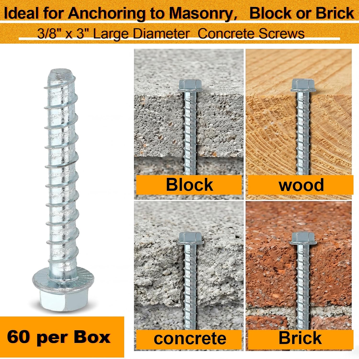 Hicarer 60 Pack 3/8" x 3" Concrete Screw for Anchoring to Masonry, Zinc Plated Heavy Duty Large Diameter Galvanized Masonry Screws for Anchoring, Brick, Block, Decking and Framing, Hex Drive